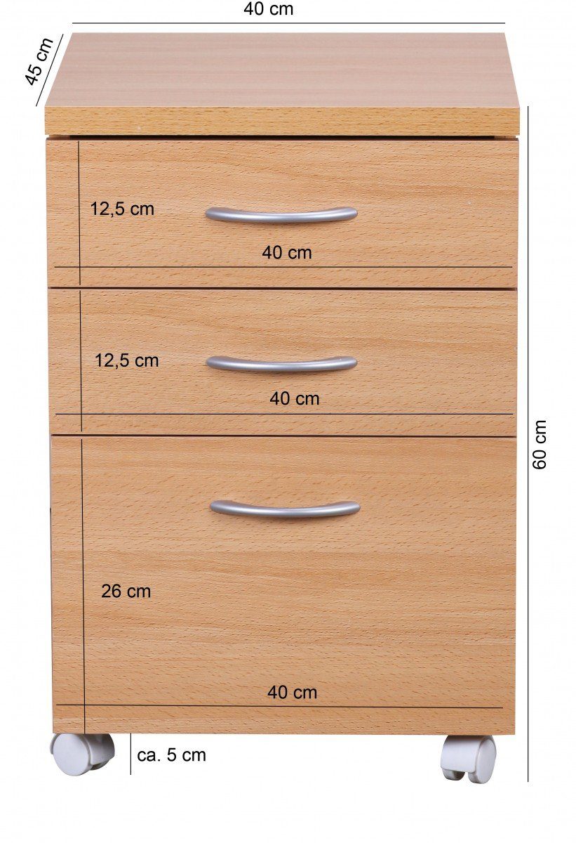 möbelando Rollcontainer Rollcontainer OTTAWA 40 x 60 x 45 cm Unterschrank mit Rollen Buche, 45 x 60 x 40 cm (B/H/L)