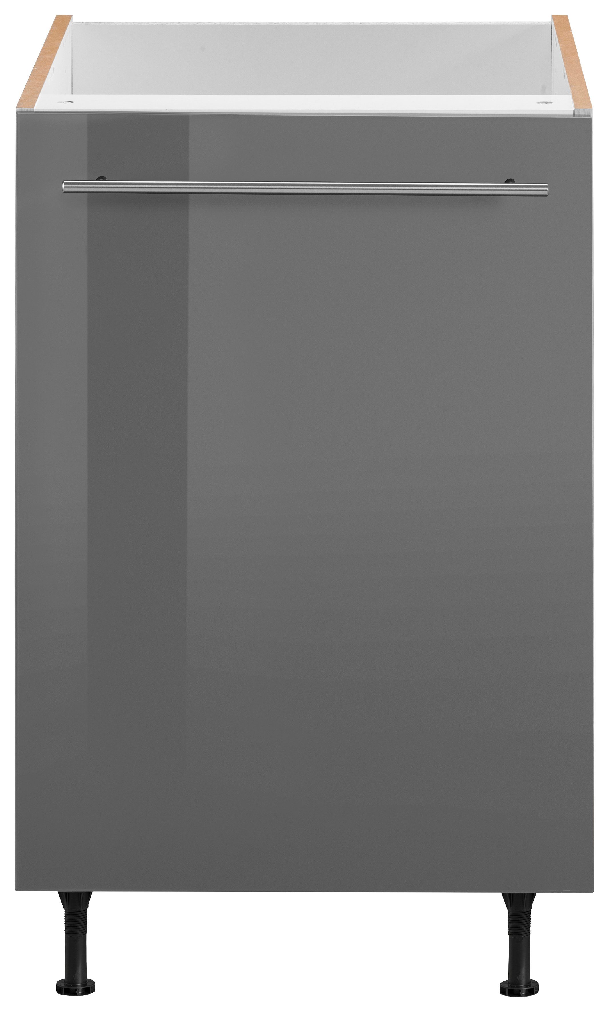 OPTIFIT Spülenschrank Hochglanz/akaziefarben mit höhenverstellbaren breit, akaziefarben mit 1 Tür, | cm grau Bern 50 Metallgriff Füßen, mit