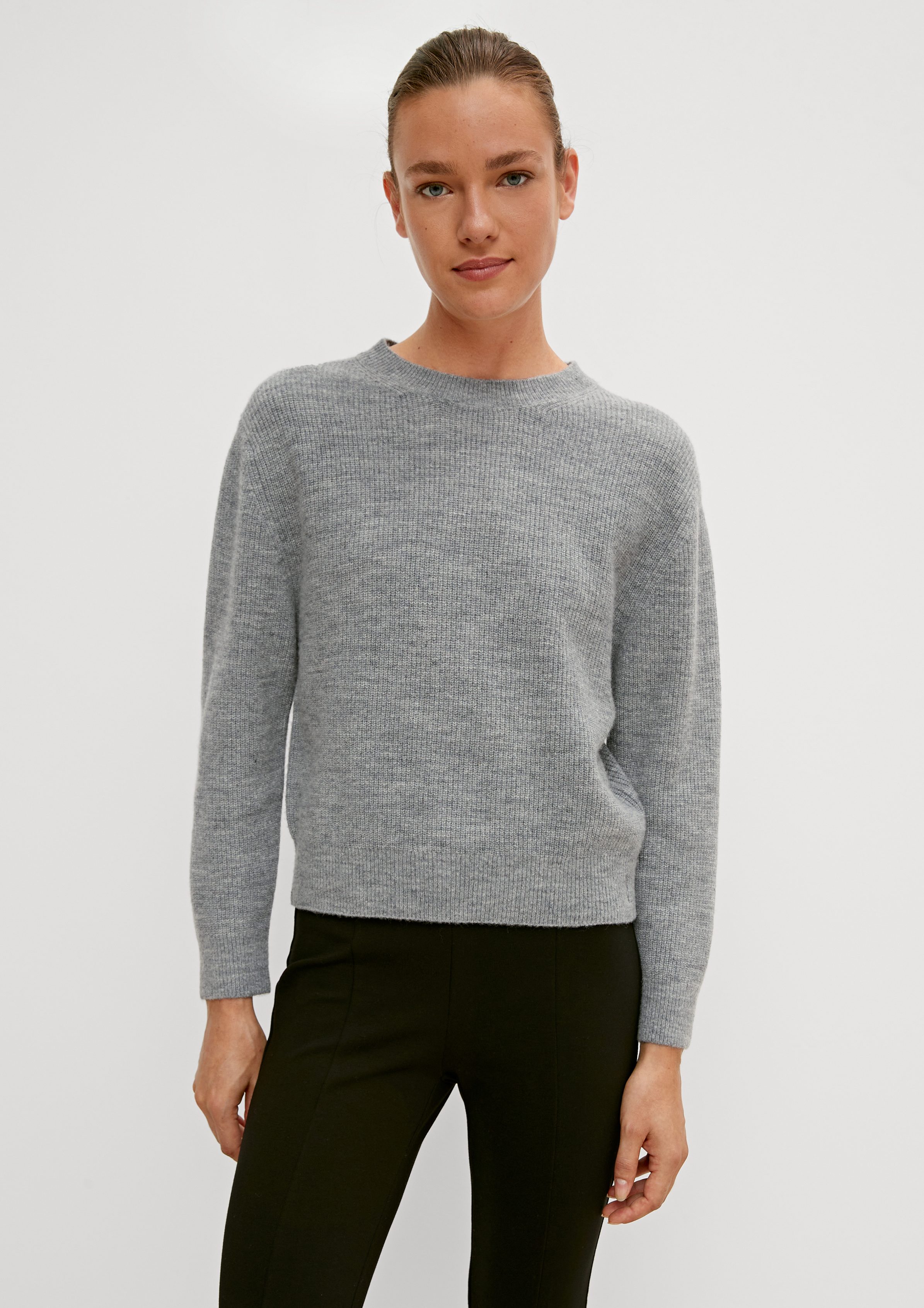 comma casual identity Langarmshirt Softer Pullover aus Wollmix Rippblende, Rippbündchen graphit