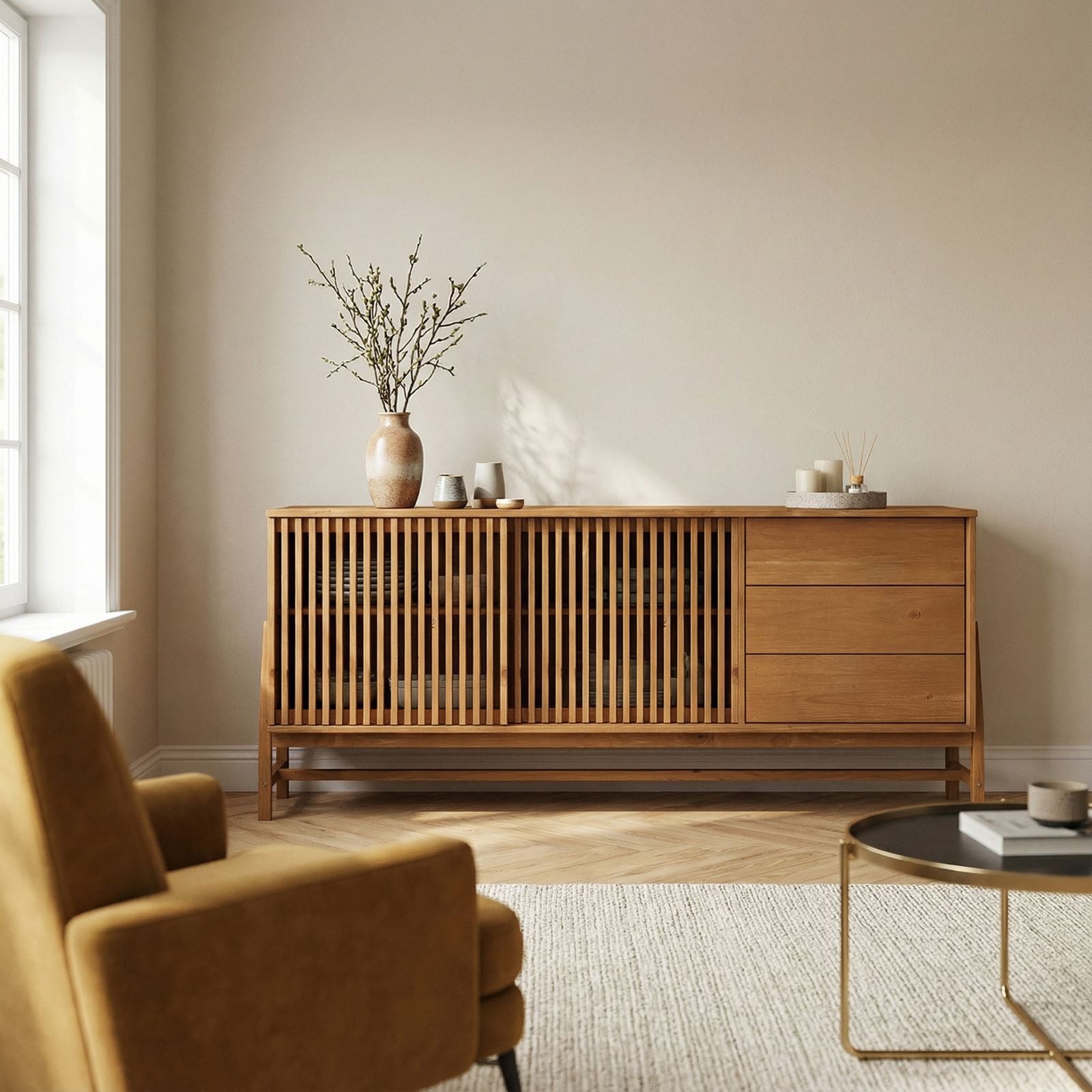 IDIMEX Sideboard ADAMO, Kommode 175 cm aus Massivholz mit Lamellenschiebetüren Eiche Finish