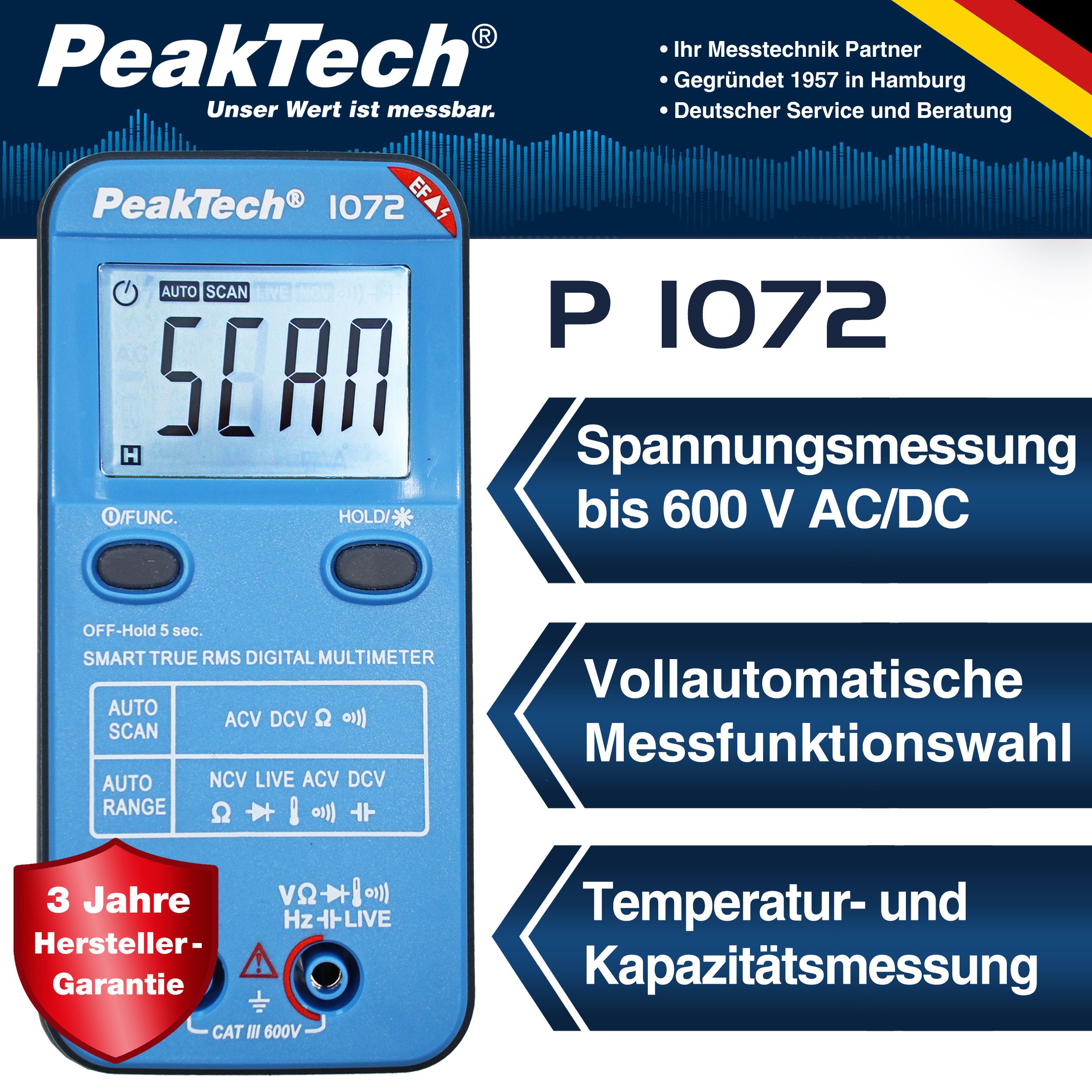 Thumbnail - PeakTech Multimeter P 1072 True RMS Digital Multimeter SMART mit Auto-Range Funktion, (1 St), Hintergundbeleuchtung (Bla...