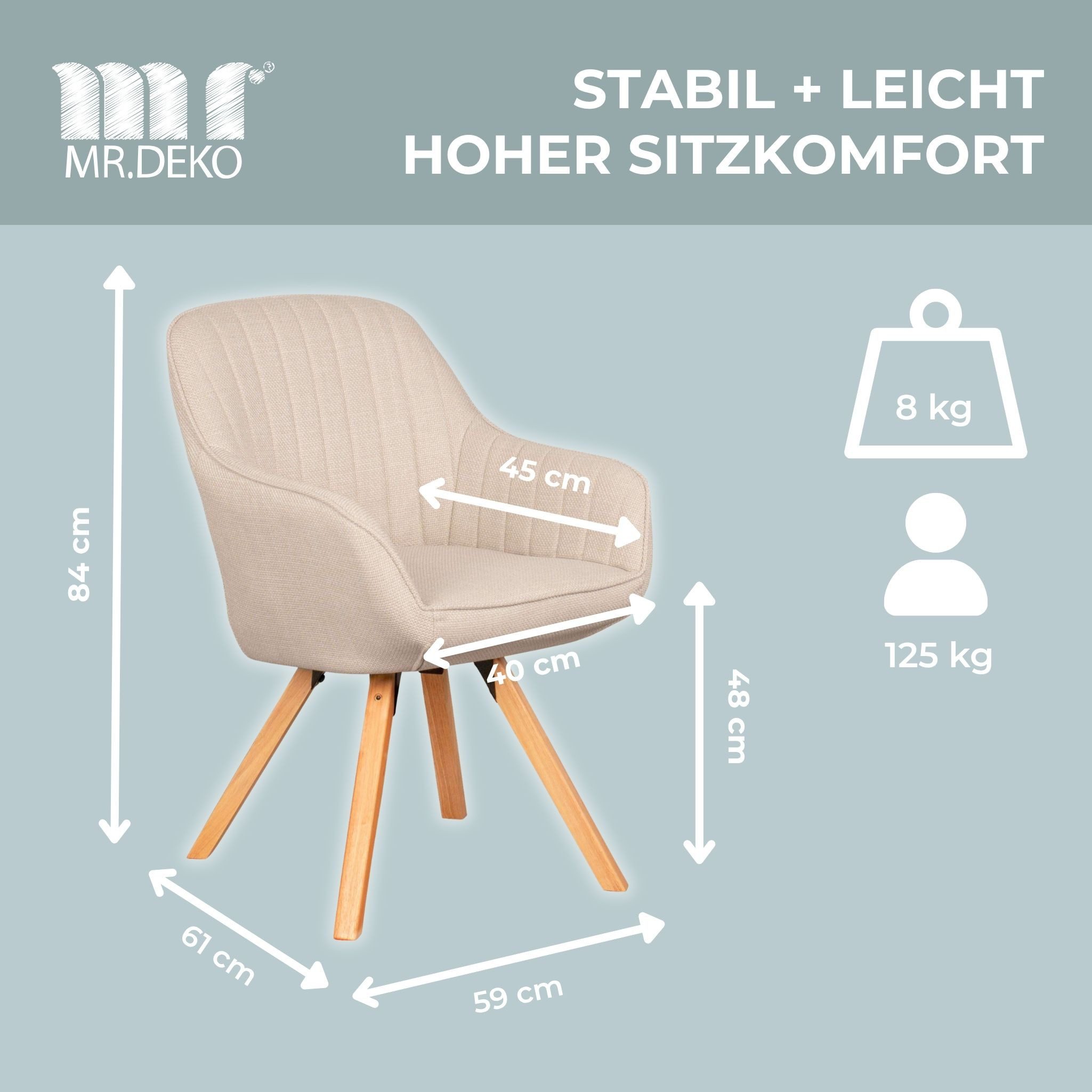 MR.DEKO Esszimmerstuhl Schminktisch Stuhl Matera Esszimmerstuhl drehbar FSC®100% (einzelnd, oder als Set erhältlich für Küche und Esszimmer, 1 St), 360° Drehfun – Bild 3 von 5