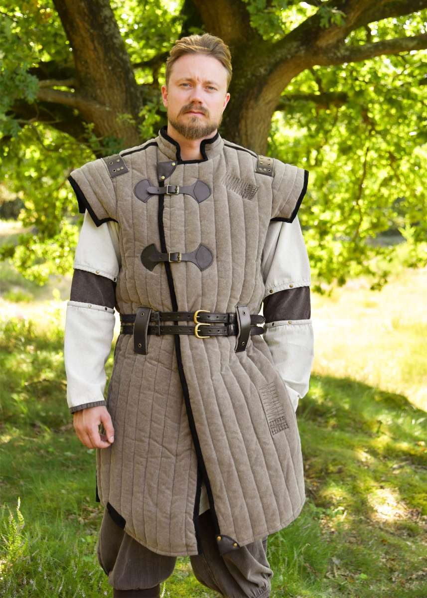 Battle Merchant Wikinger-Kostüm Mittelalter Gambeson Used-Look, braun – schwarz „Vari“