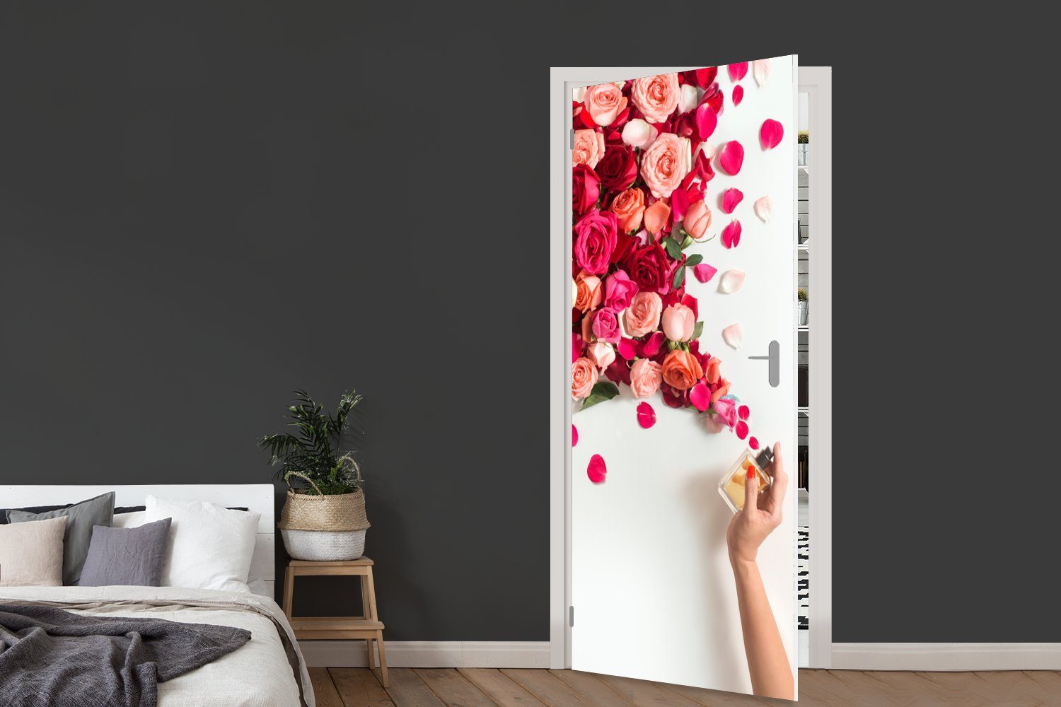 Blumen, Rosen Parfüm St), Türaufkleber, - Türtapete Matt, Tür, (1 75x205 cm bedruckt, - MuchoWow für Fototapete