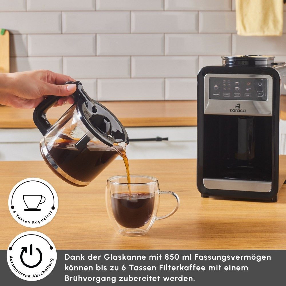 Karaca Espressomaschine, Grindbrew Pro Filterkaffeemaschine mit Mahlwerk 0,85L, 6 Tassen