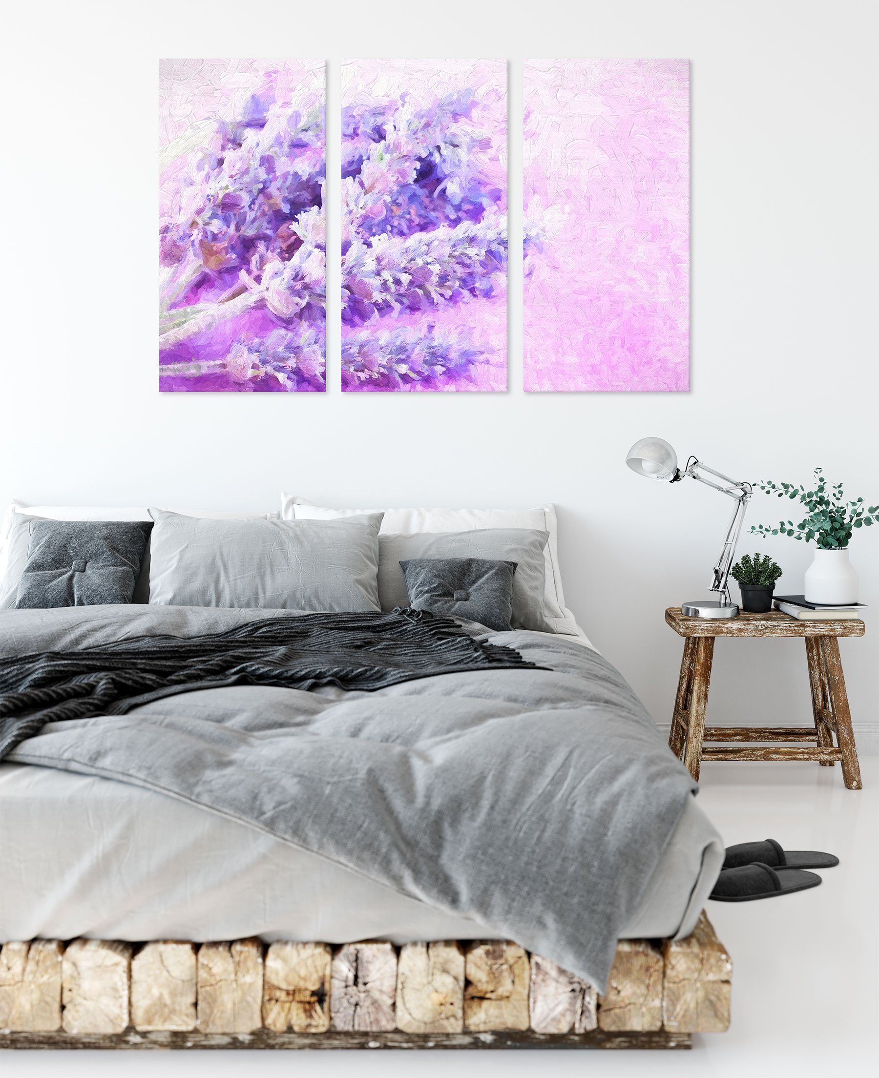 (120x80cm) inkl. Kunst, Leinwandbild Kunst fertig bespannt, getrockneter Leinwandbild (1 Lavendel 3Teiler St), getrockneter Zackenaufhänger Pixxprint Lavendel