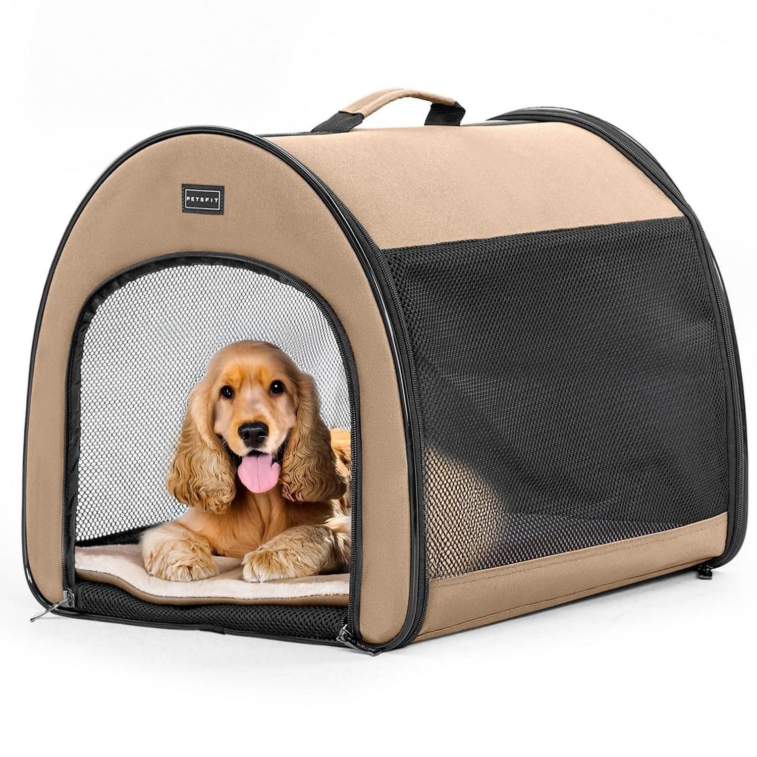 LuxusKollektion Hunde-Transportbox Hundebox faltbar tragbar atmungsaktiv Reißverschluss Khaki M