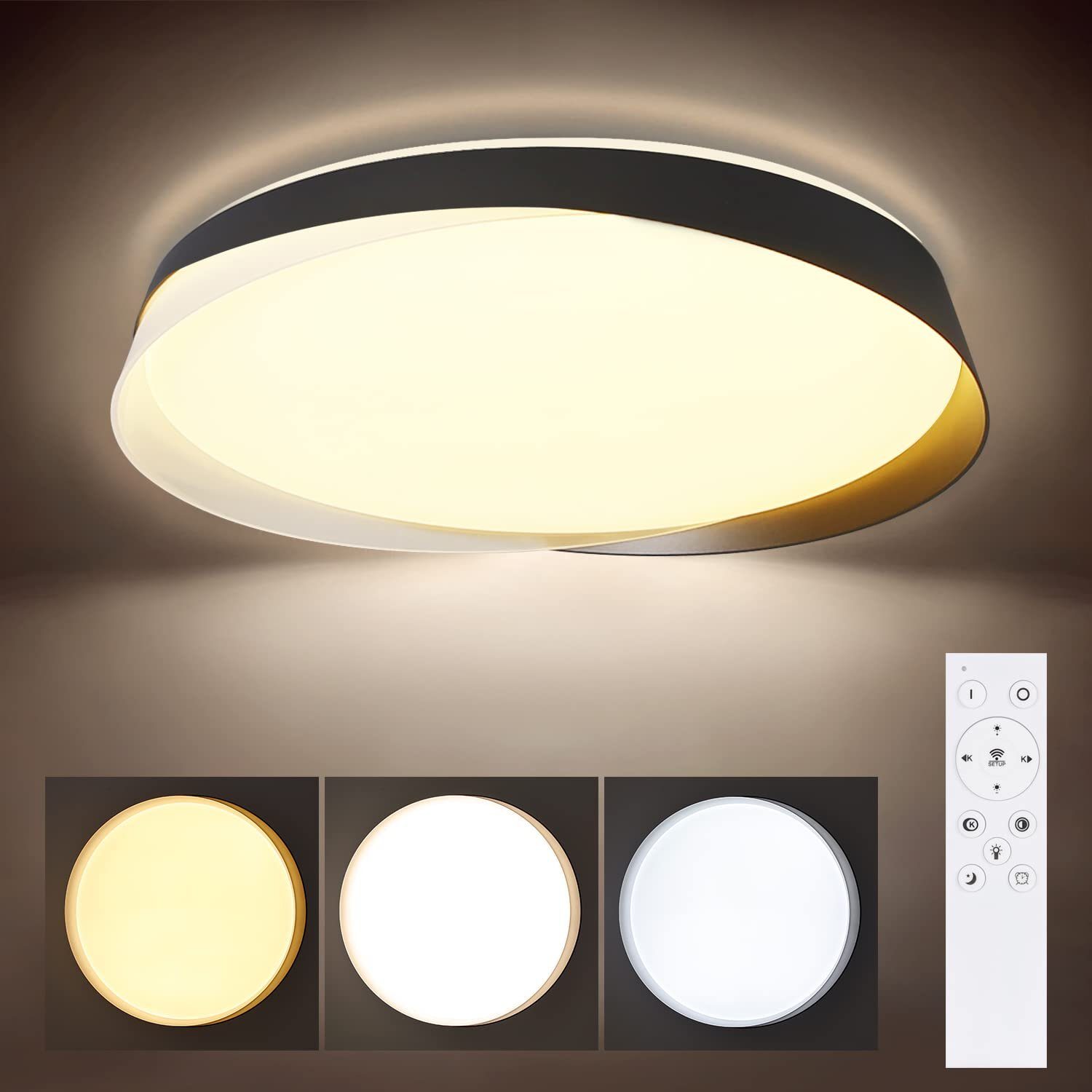 Nettlife LED Deckenleuchte Flur Warmweiß, Wohnzimmer Schwarz 41.5CM Esszimmer Modern, für LED Dimmbar Kaltweiß, fest Deckenlampe Treppenhaus mit Schlafzimmer 36W Neutralweiß, Rund Küche Fernbedienung, integriert