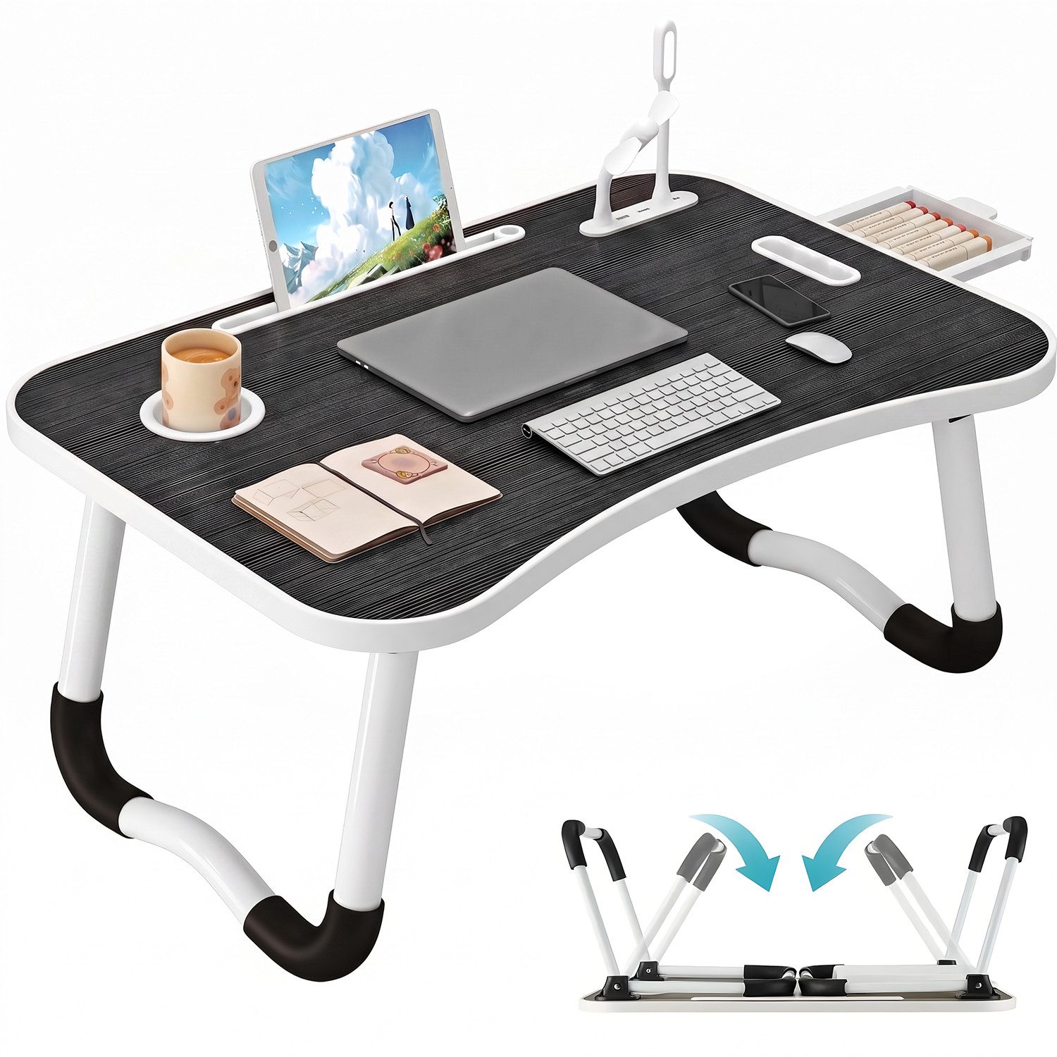 HEYHIPPO Laptoptisch Klappbarer Laptoptisch, mit Schublade, Becherhalter & 4 USB, stabil (Packung, Stabile W-förmige Tischbeine, wasserfeste Platte,für Lernen,Arbeiten), Bett-Tablett– 60×40×27 cm, für Laptops bis 17 Zoll, für Sofa & Bett