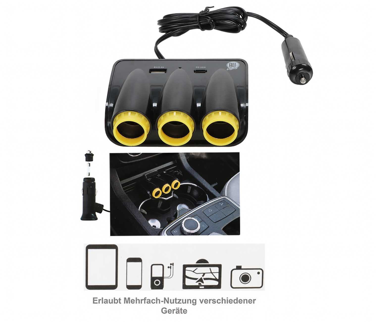 All Ride Zigarettenanzünder-Verteiler 3-fach Steckdosen Verteiler (12/24 Volt Steckdose, 1-St., mit USB-A und USB-C-Port), Auto LKW 3-fach Steckdosen Verteiler – Bild 4 von 5