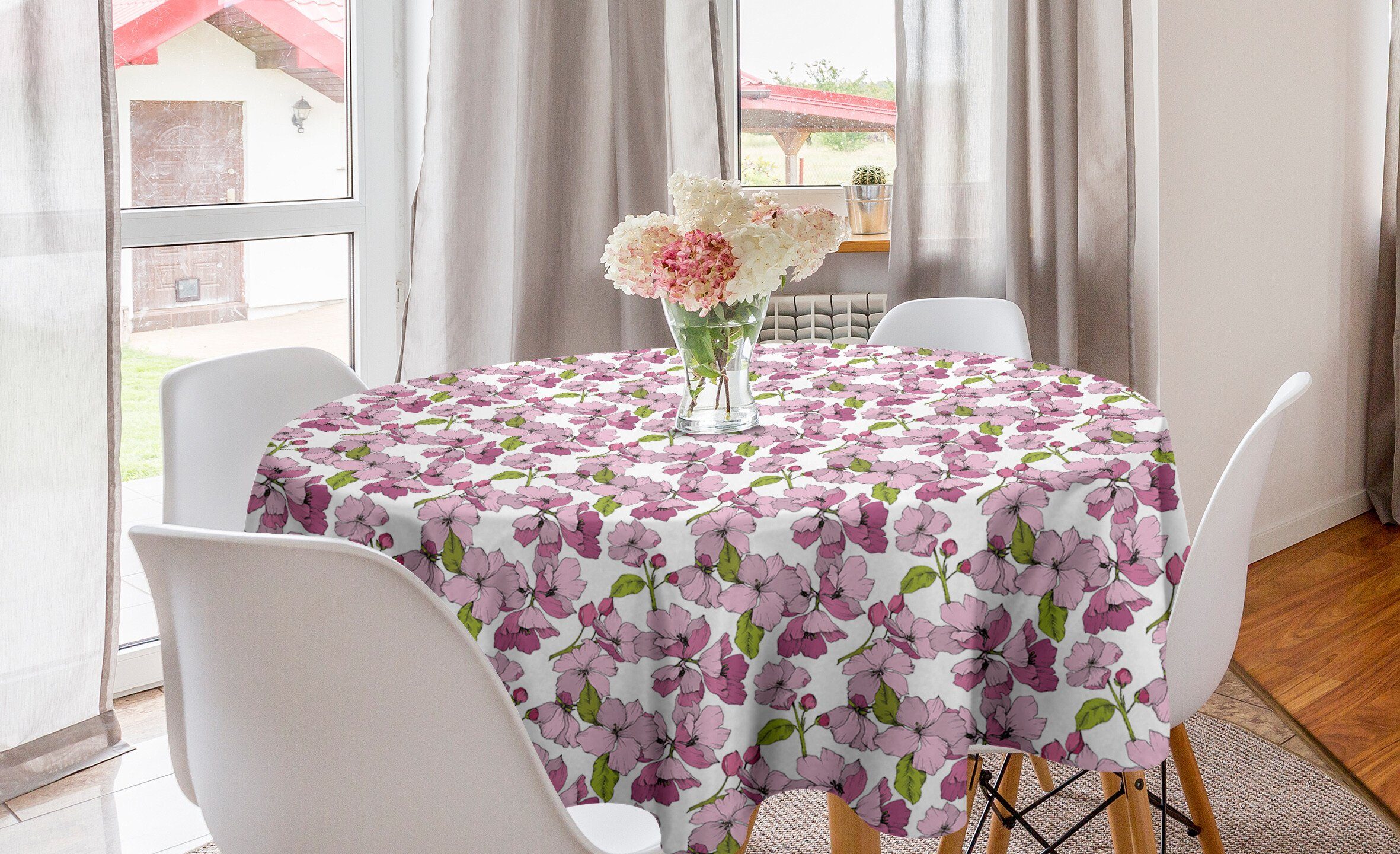 Abakuhaus Tischdecke Kreis Tischdecke Abdeckung für Esszimmer Küche Dekoration, Rosa Blumen Cartoon Apple Blossom