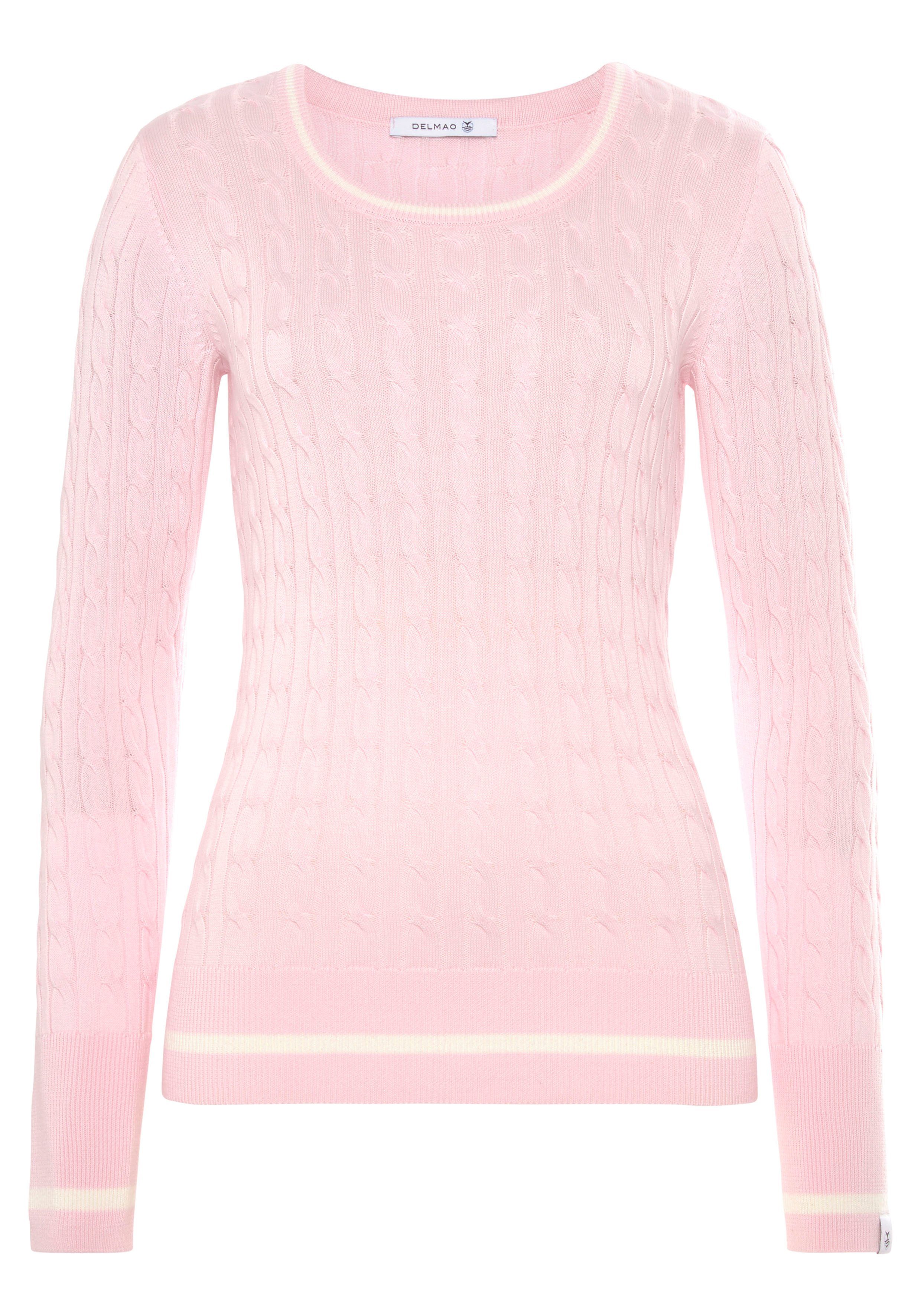 Kontaststreifen und mit rosa DELMAO MARKE! NEUE durchendem Zopfmuster Strickpullover -