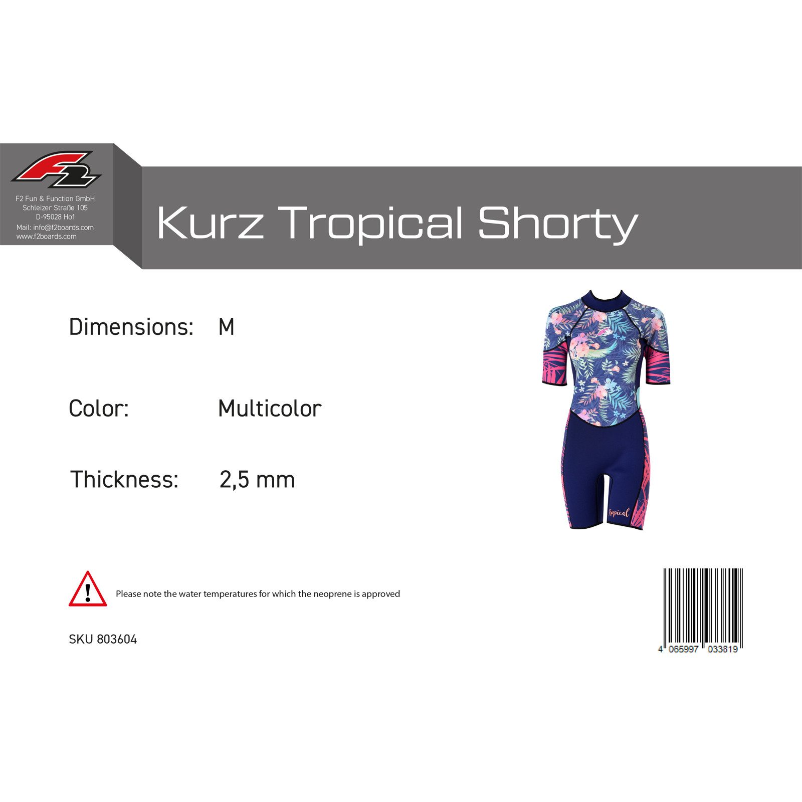 F2 Neoprenanzug F2 Damen Neopren Anzug Kurz Tropical Shorty 2,5 mm M Multicolor 2024/2