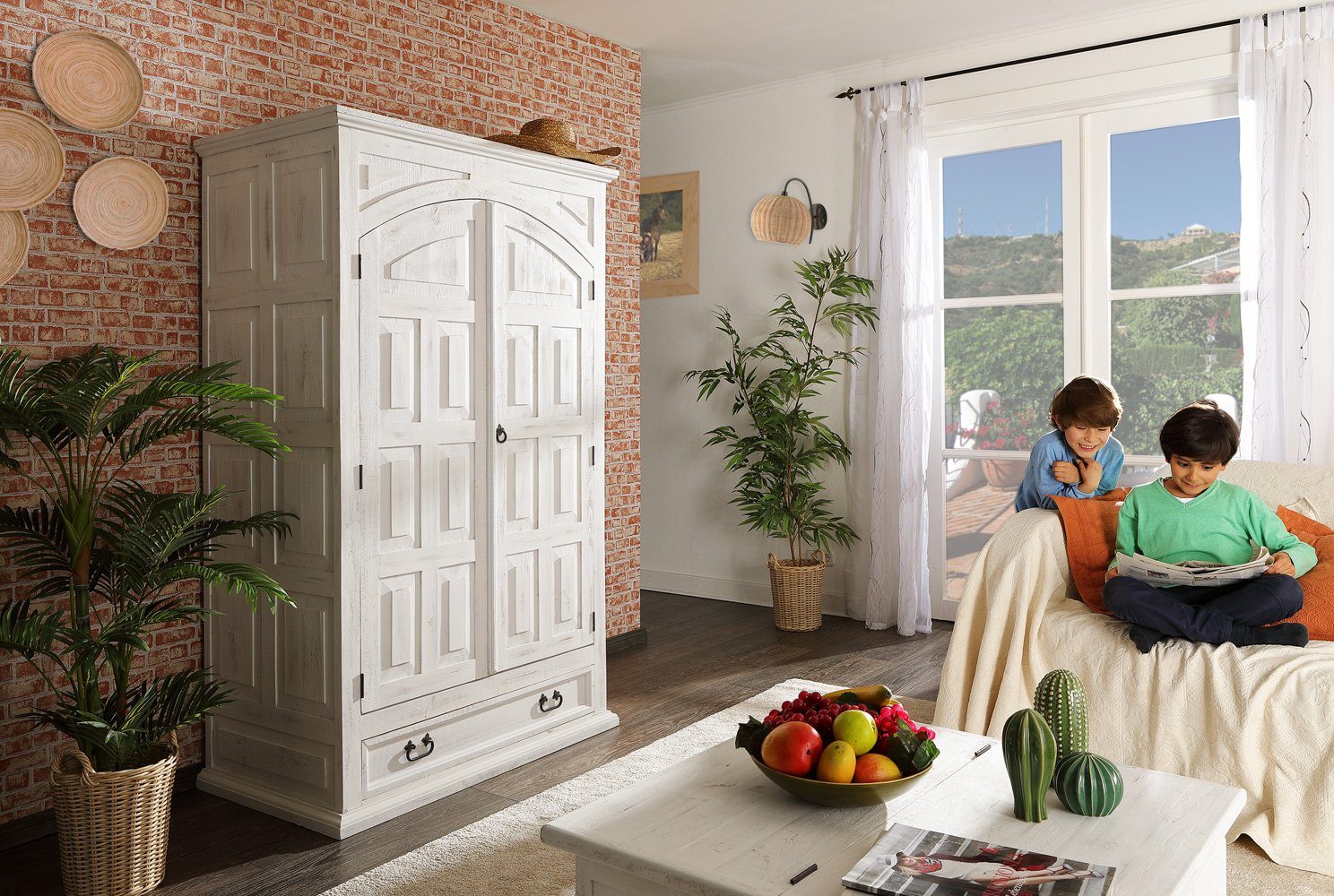 1a Direktimport Kleiderschrank Kleider- Dielenschrank MEXICO Weiß Antik - Pinie massiv - Landhausstil