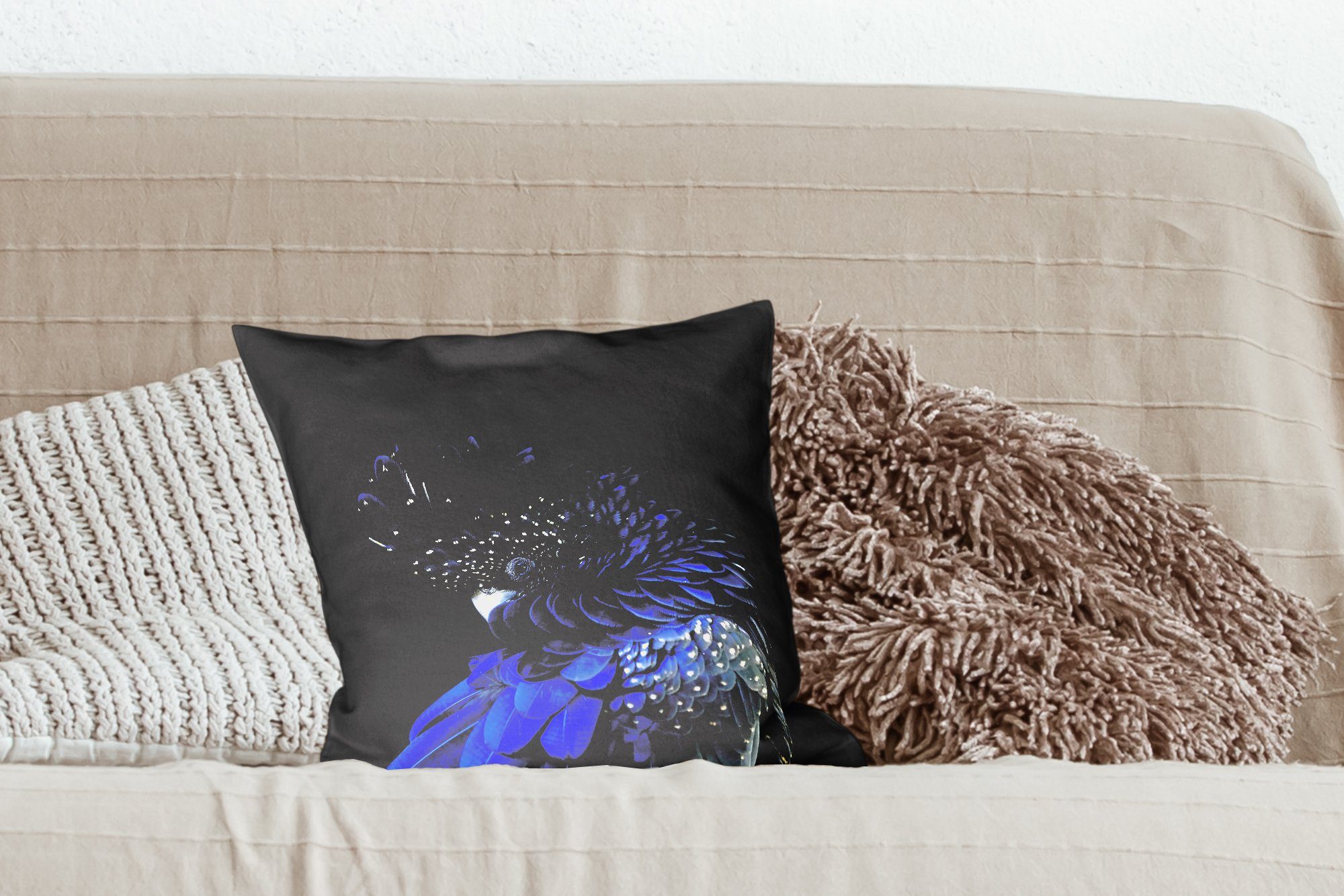 dunklem Hintergrund, Sofakissen Deko, Dekokissen Wohzimmer, Blauer mit MuchoWow Schlafzimmer, Füllung für mit Kakadu Zierkissen
