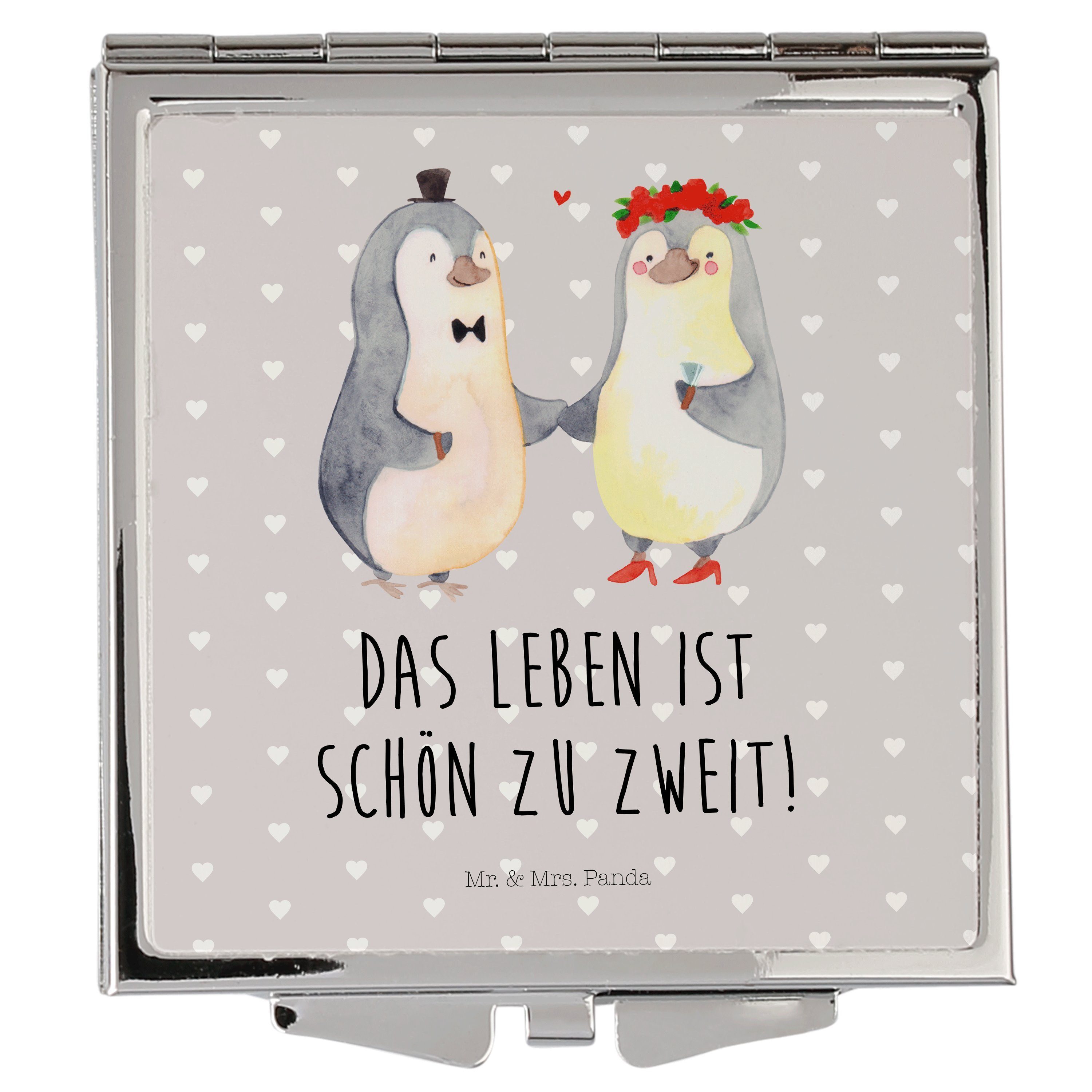 Mr. & Mrs. Panda Kosmetikspiegel Pinguin Heirat - Grau Pastell - Geschenk, Braut, Spiegel, Jahrestag, (1-St)