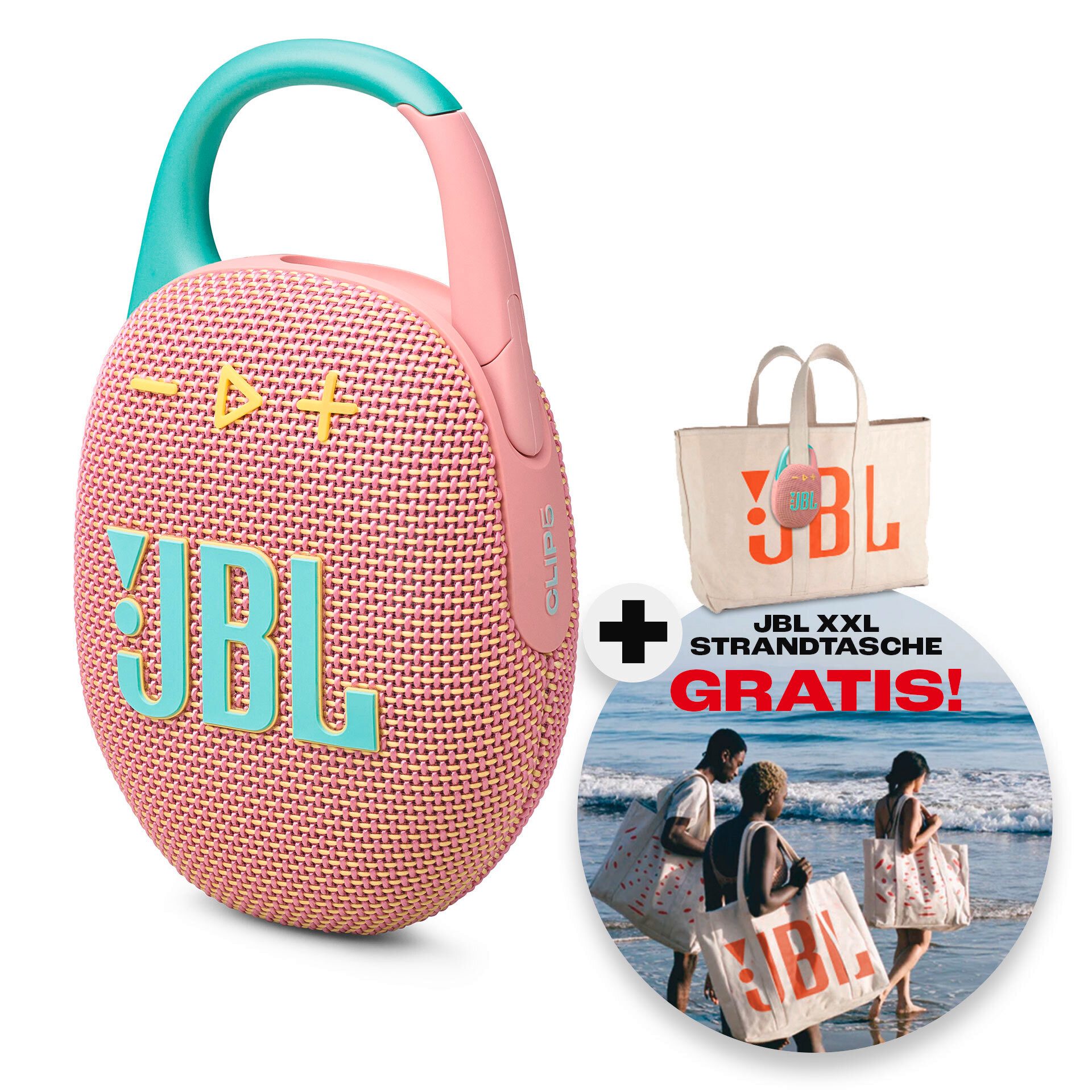 JBL Set: Clip 5 + Strandtasche Bluetooth-Lautsprecher (A2DP Bluetooth, Bluetooth, AVRCP Bluetooth, 7 W, Ultra-kompakter wasserdichter Lautsprecher mit Strandtasche)