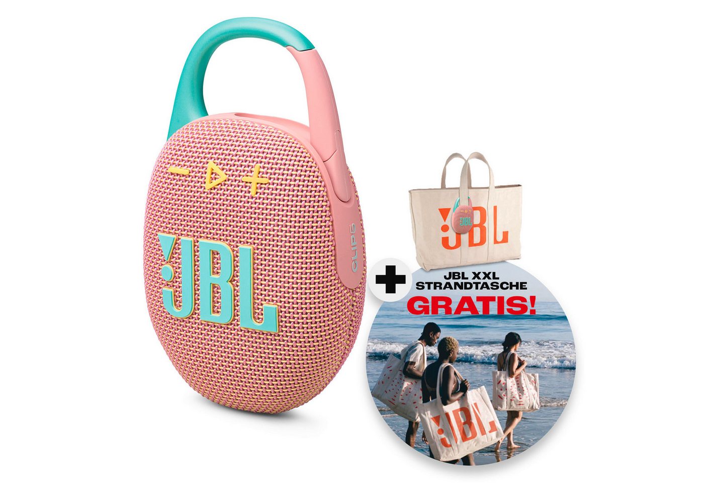 JBL Set: Clip 5 + Strandtasche Bluetooth-Lautsprecher (A2DP Bluetooth, Bluetooth, AVRCP Bluetooth, 7 W, Ultra-kompakter wasserdichter Lautsprecher mit Strandtasche)