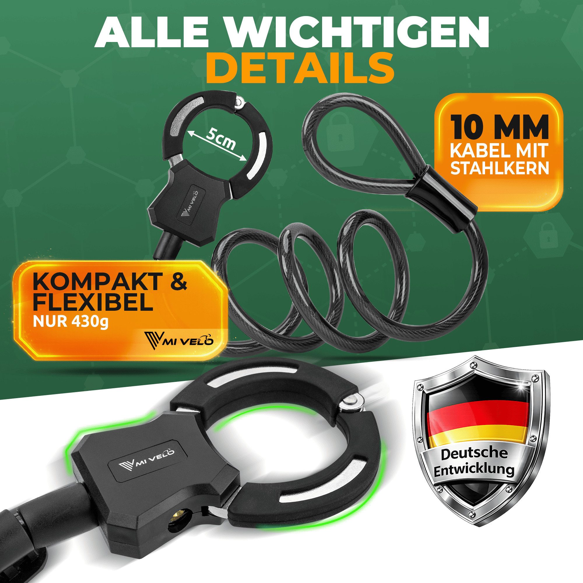 MIVELO Kabelschloss E-Scooter & Fahrrad Handschellenschloss 120 cm mit Halterung, 10 mm Stahlkern, nur 430 Gramm - maximale Flexibilität und Sicherheit
