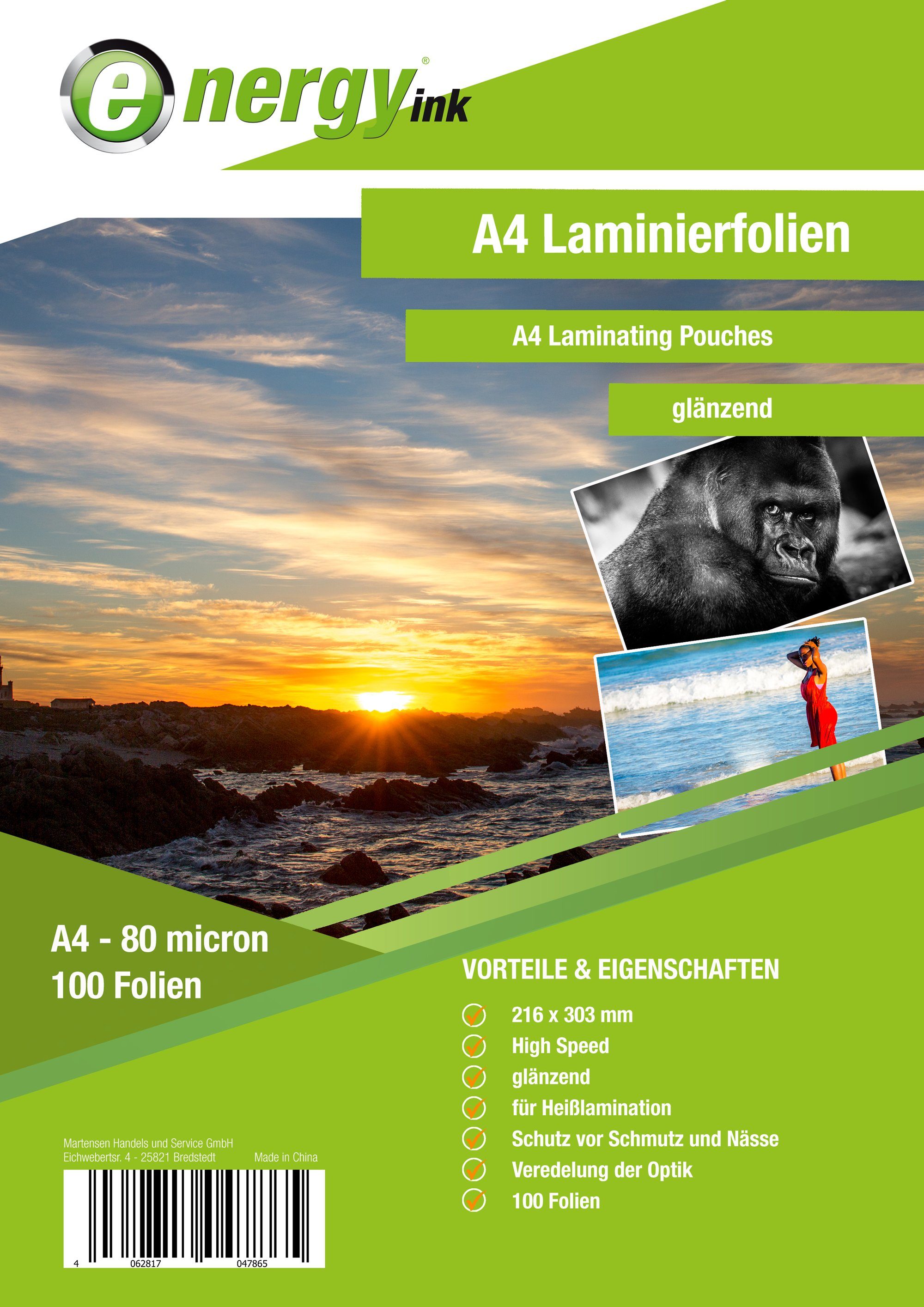 Energy-ink Laminiergerät energy ink Laminierfolie Din A4 - 80 micron . 100 Folien glänzend