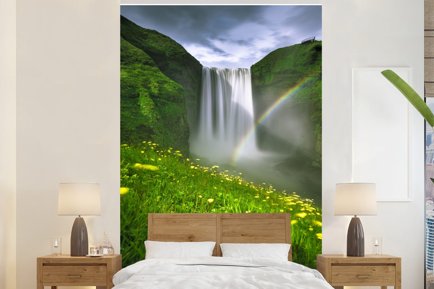 MuchoWow Fototapete Regenbogen - Wasserfall - Natur, Matt, bedruckt, (3 St), Montagefertig Vinyl Tapete für Wohnzimmer, Wandtapete