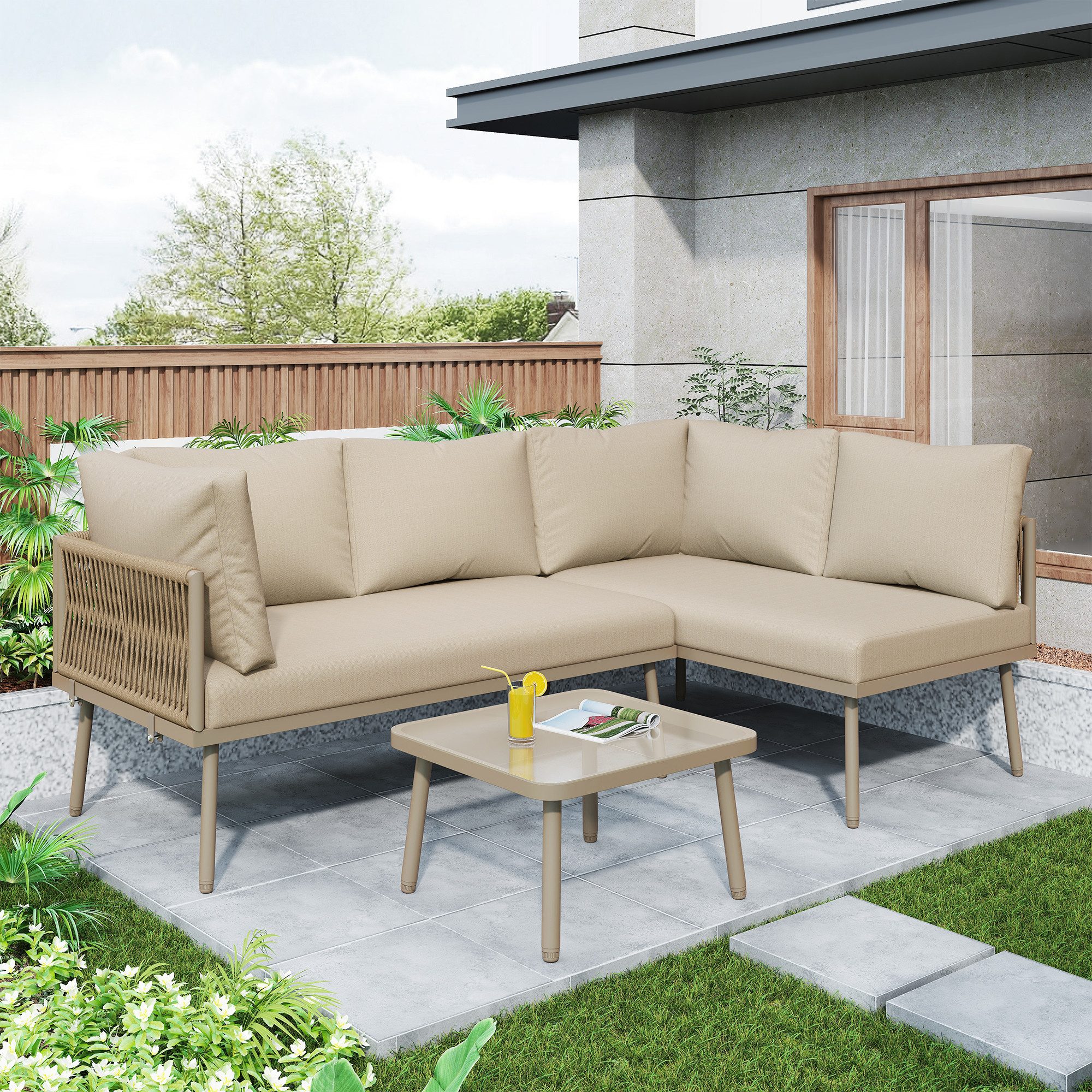 Flieks Gartenlounge-Set, (3-tlg), 4-Sitzer L-förmiges Gartenmöbel günstig online kaufen