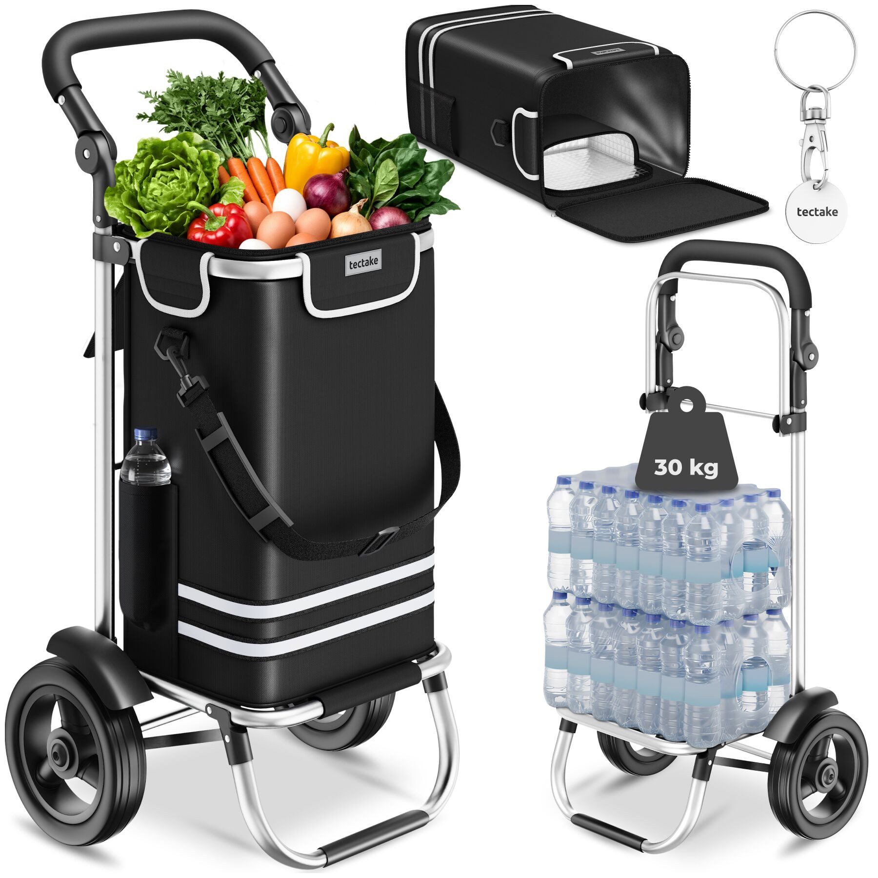 tectake Einkaufstrolley Rollkoffer 3-in-1 Inkl. Kühltasche und leichtgängige Profilräder, klappbares Aluminiumgestell mit abnehmbarem Bezug, verstellbar