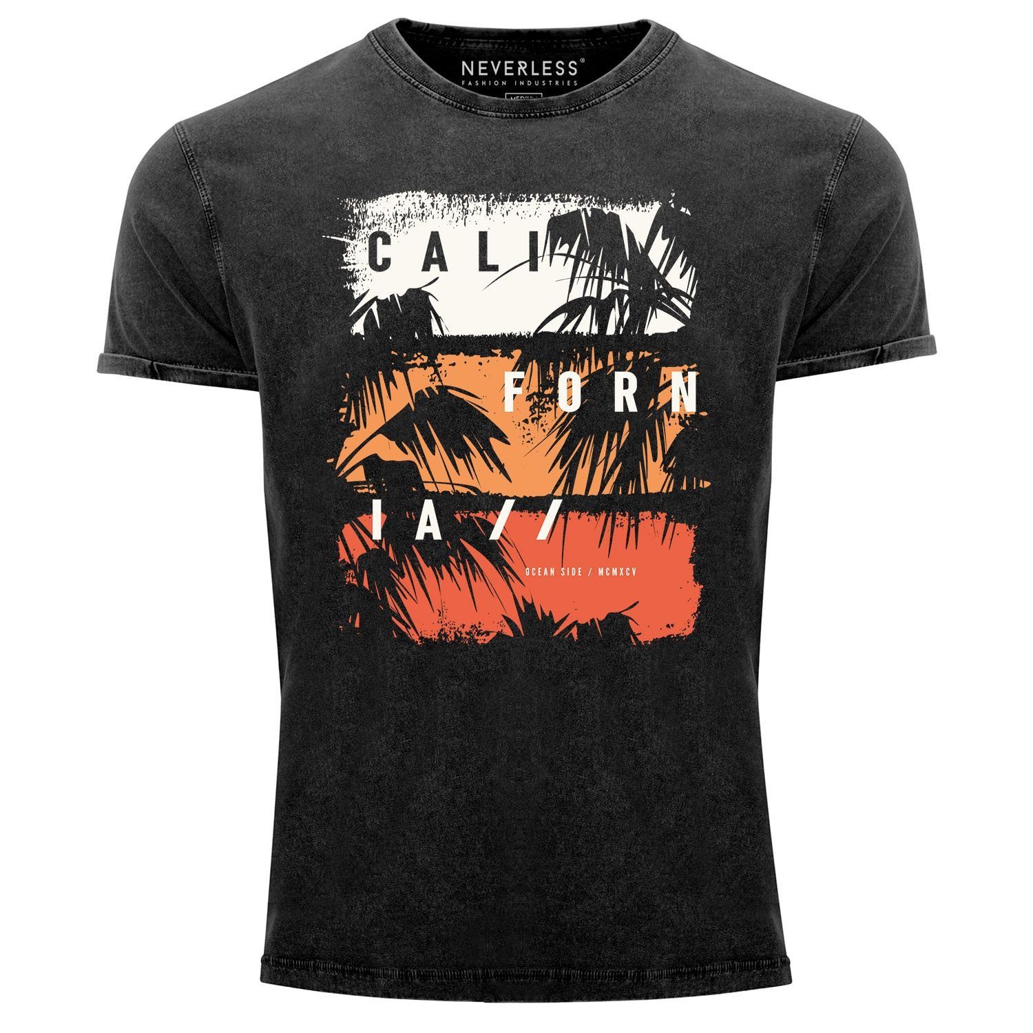 Print-Shirt Herren Vintage Shirt California Schriftzug Palmen Printshirt T-Shirt