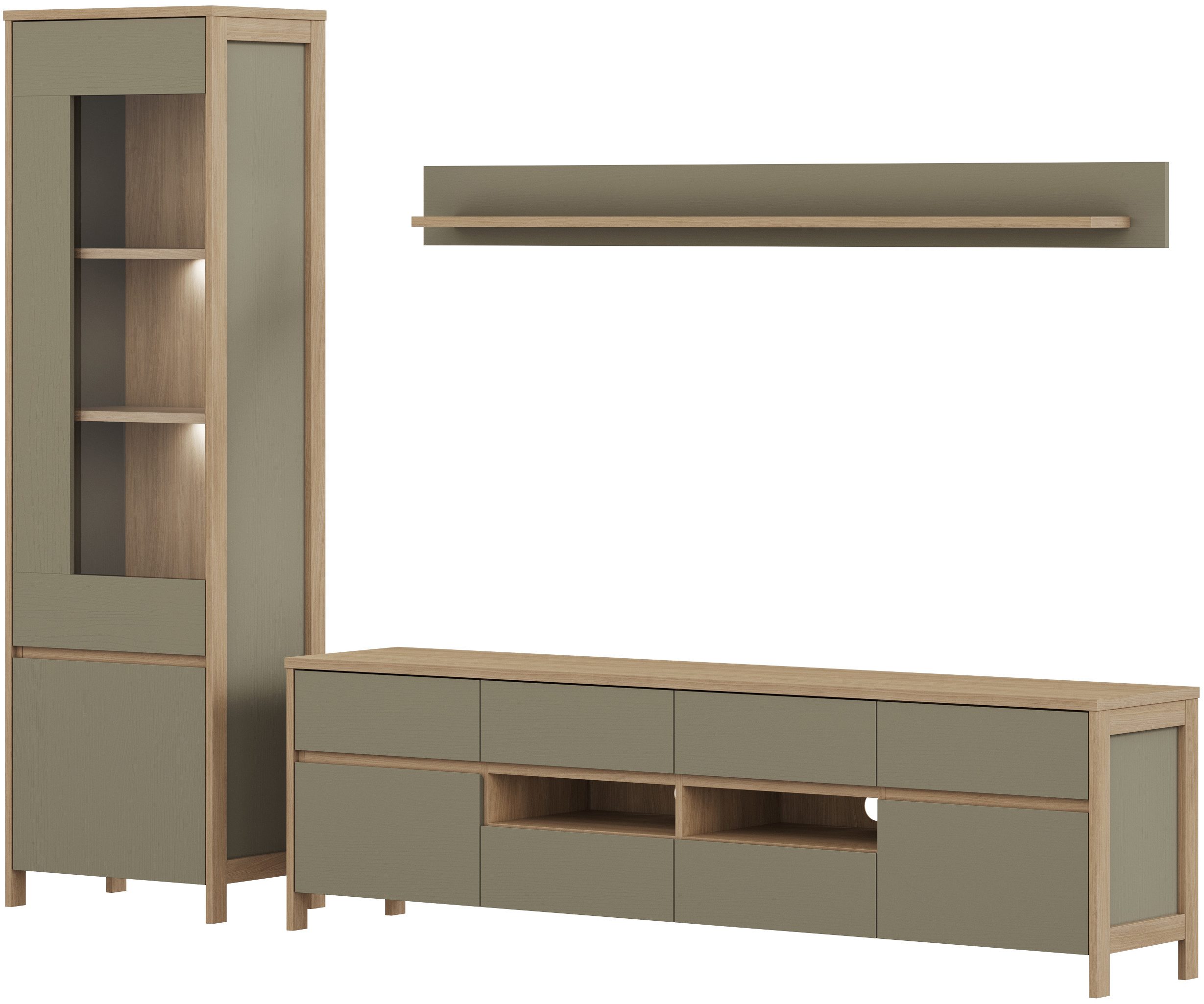 Home affaire Wohnwand Stranda, moderne Anbauwand, Komplettset im Scandi-Style, (3-St), enthält Vitrine, Lowboard und Wandboard, 270 cm breit