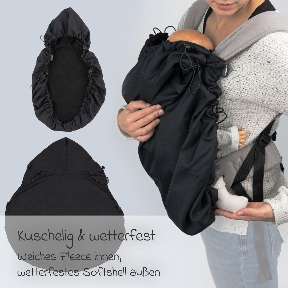 Zamboo Babytrage Schwarz, Universal Fleece Cover für Babytrage Bauchtrage Regen- & Wetterschutz – Bild 4 von 5