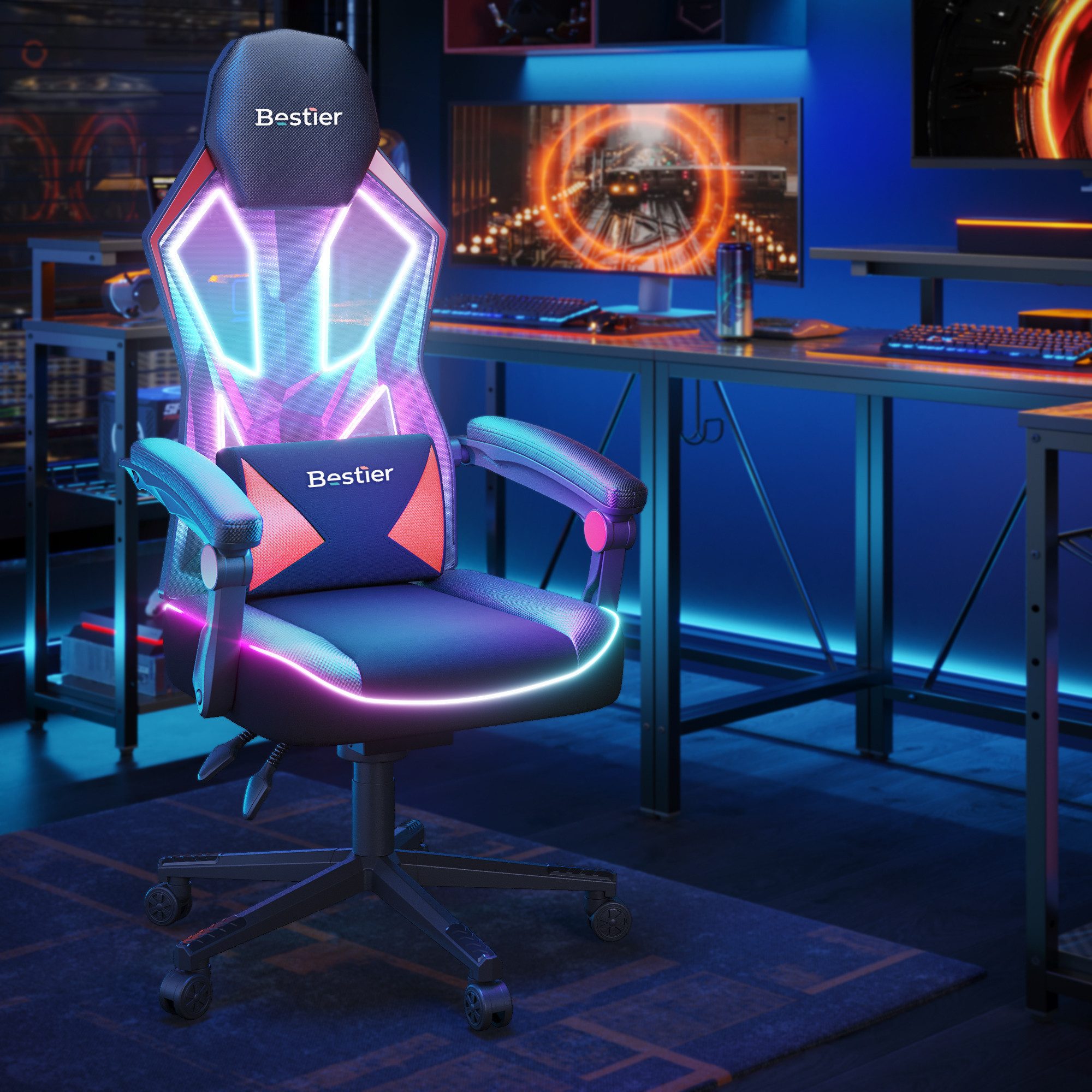 Bestier Gaming-Stuhl Gaming-Stuhl mit LED-Lichtleiste und verstellbarer Lendenwirbelstütze.
