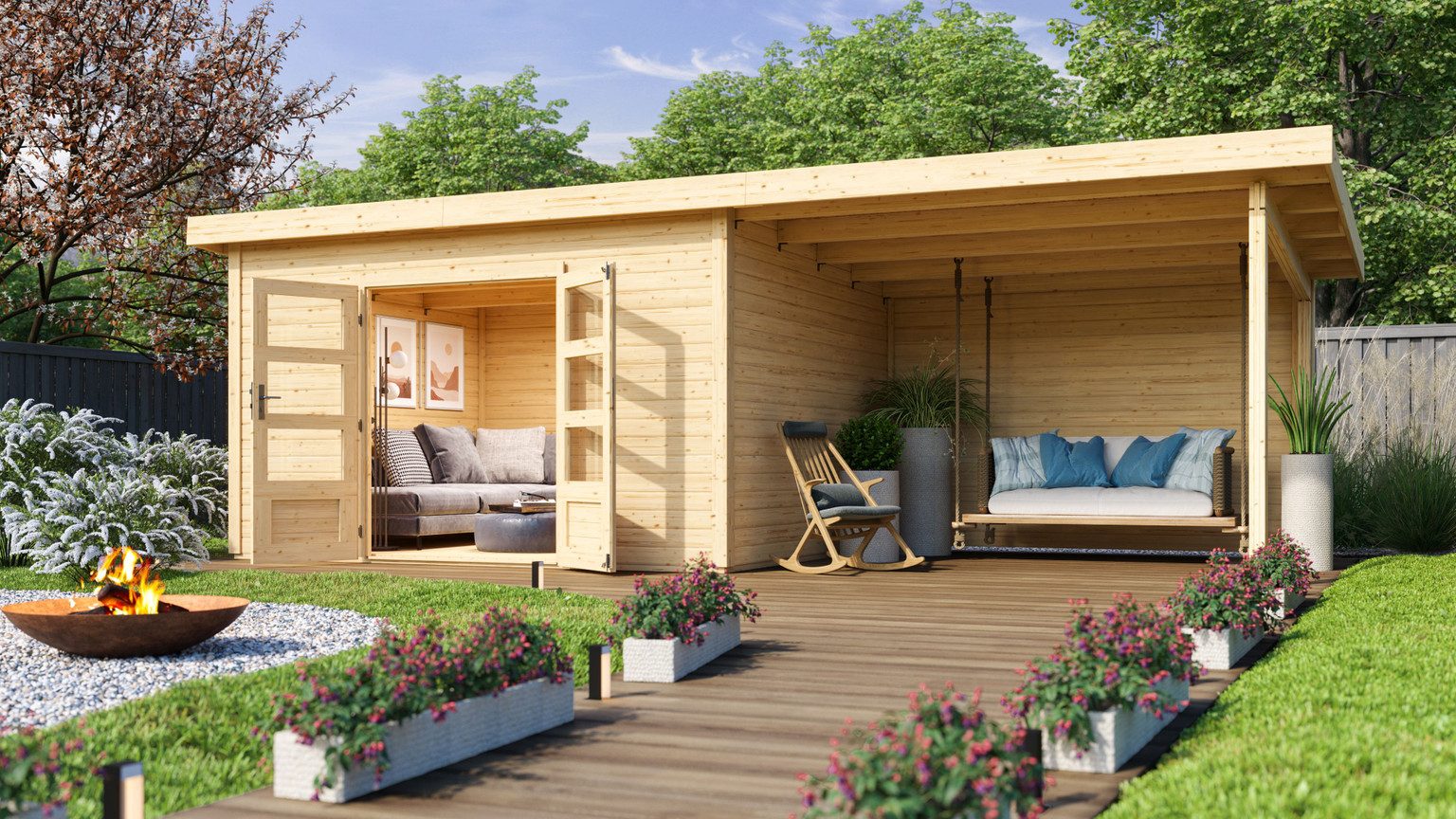 Karibu Gartenhaus Karibu Gartenhaus Northeim, 38 mm, 724 x 332 cm, Typ 4, natur, inkl. 3,3 m Anbaudach mit Rückwand