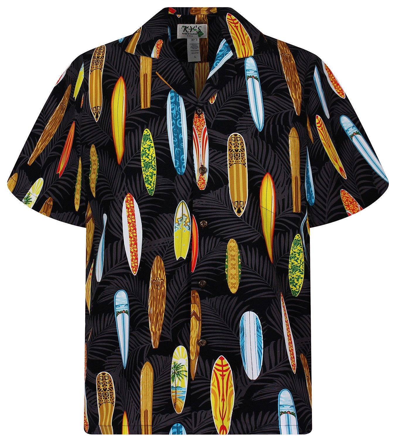 KY's Hawaiihemd "Surfbretter" Herren Kurzarm Baumwolle Kokosknöpfe Original Hawaii