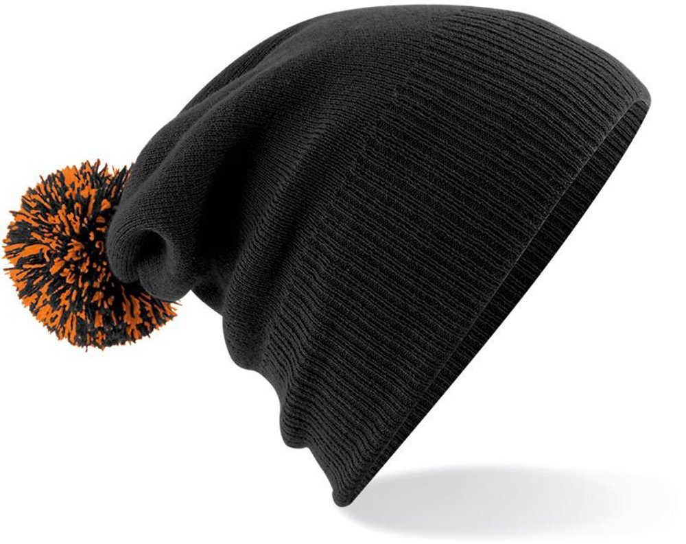 Goodman Design Bommelmütze Strickmütze Beanie Pompon Mütze Pudelmütze Duales Design – mit Umschlag oder als Slouch-Beanie Black/Orange | Bommelmützen