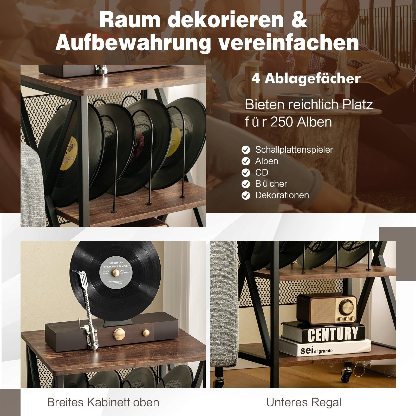 COSTWAY Nachttisch, Plattenspielerständer, rollbar, Metall, 45x52x75cm günstig online kaufen