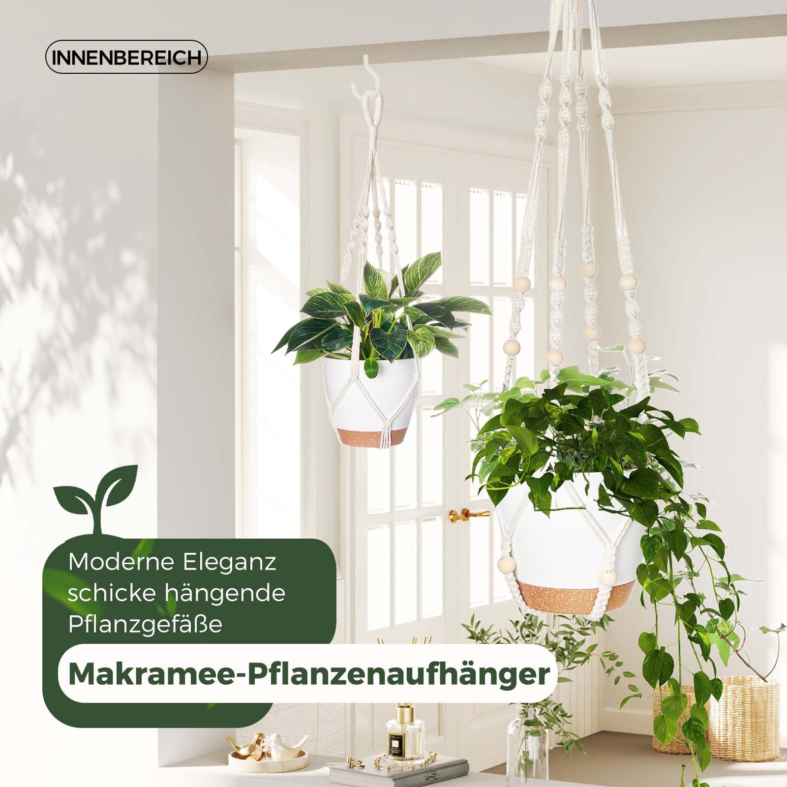Bamworld Hängekorb Makramé-Hängekörbchen-Set 3er, 3 selbstbewässernde Töpfe + Haken (3 St), Boho-Dekoration aus Baumwollseil – Platzsparend & Umweltfreundlich