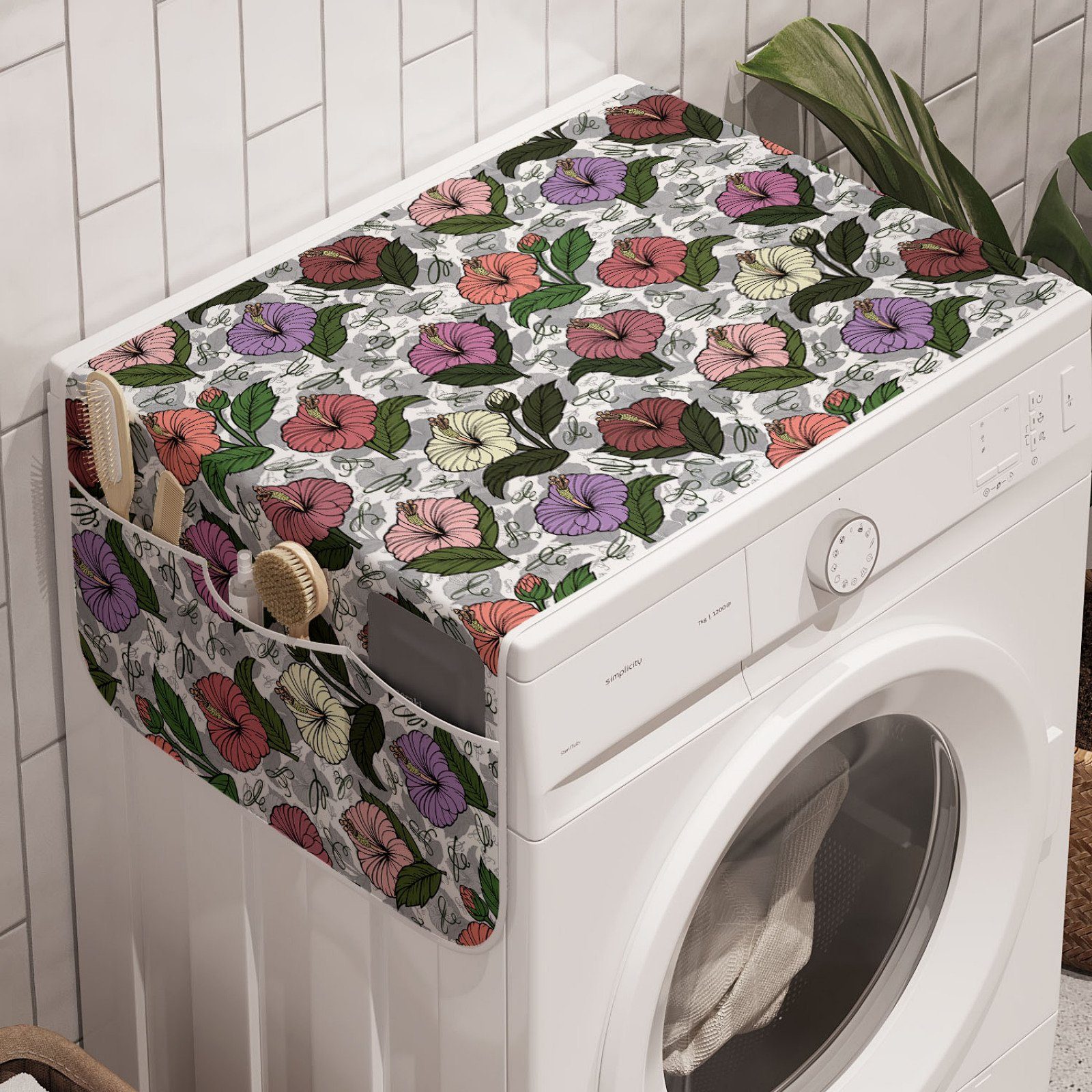 Abakuhaus Badorganizer Anti-Rutsch-Stoffabdeckung für Waschmaschine und Trockner, Blumen Frühlings-Hibiscus-Blumen-Kunst