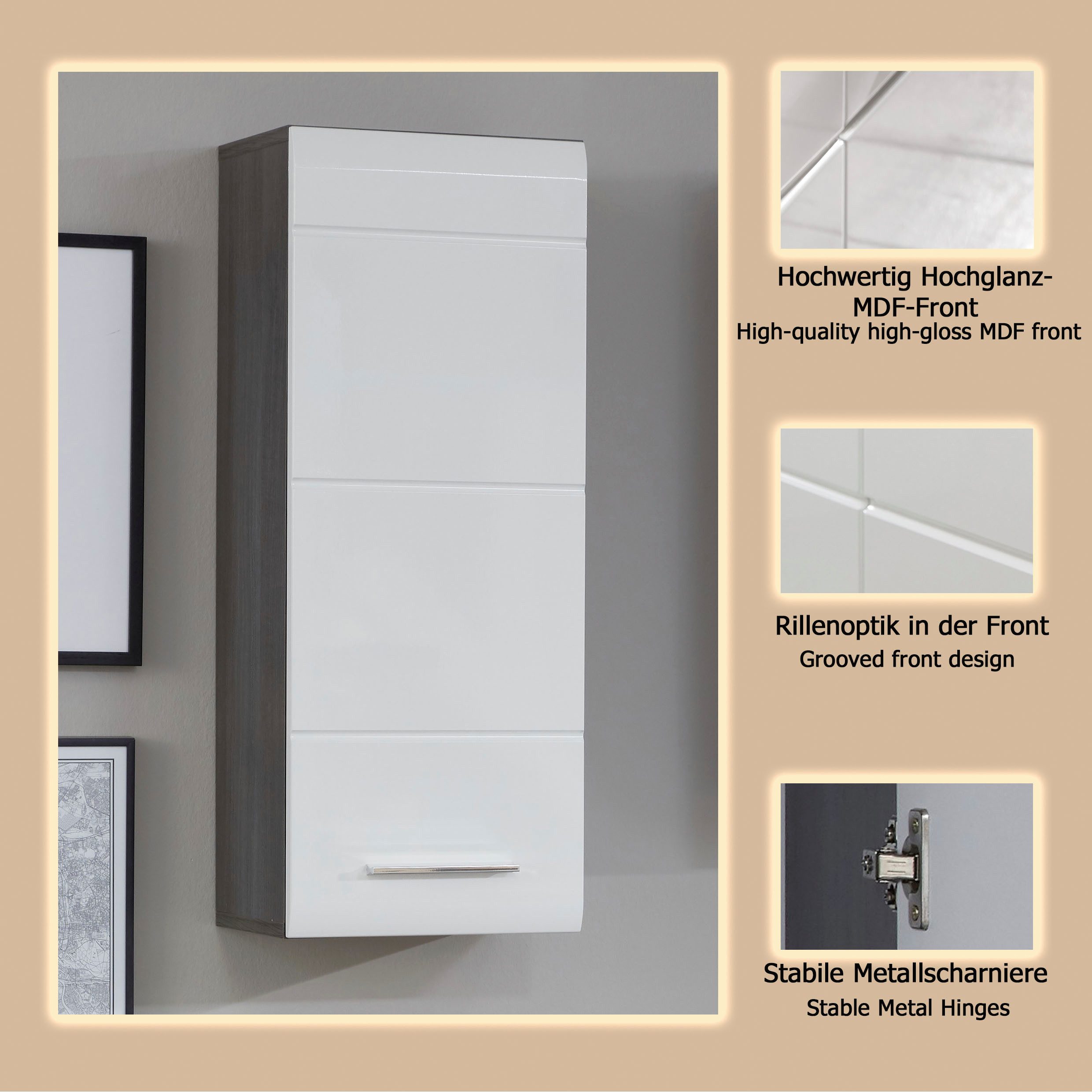 welltime Hängeschrank Sovana Badezimmerschrank mit 2 Fächern in Weiß - (B/T/H) 30/24/77 cm