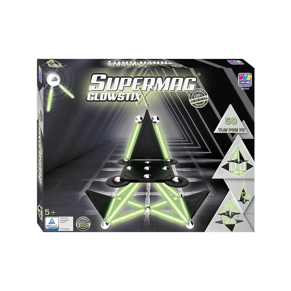 Happy People 60764 Supermag GlowStix Magnetspielbausteine, 50 Teile Magnetisches Konstruktionsspielzeug Magnetspiel