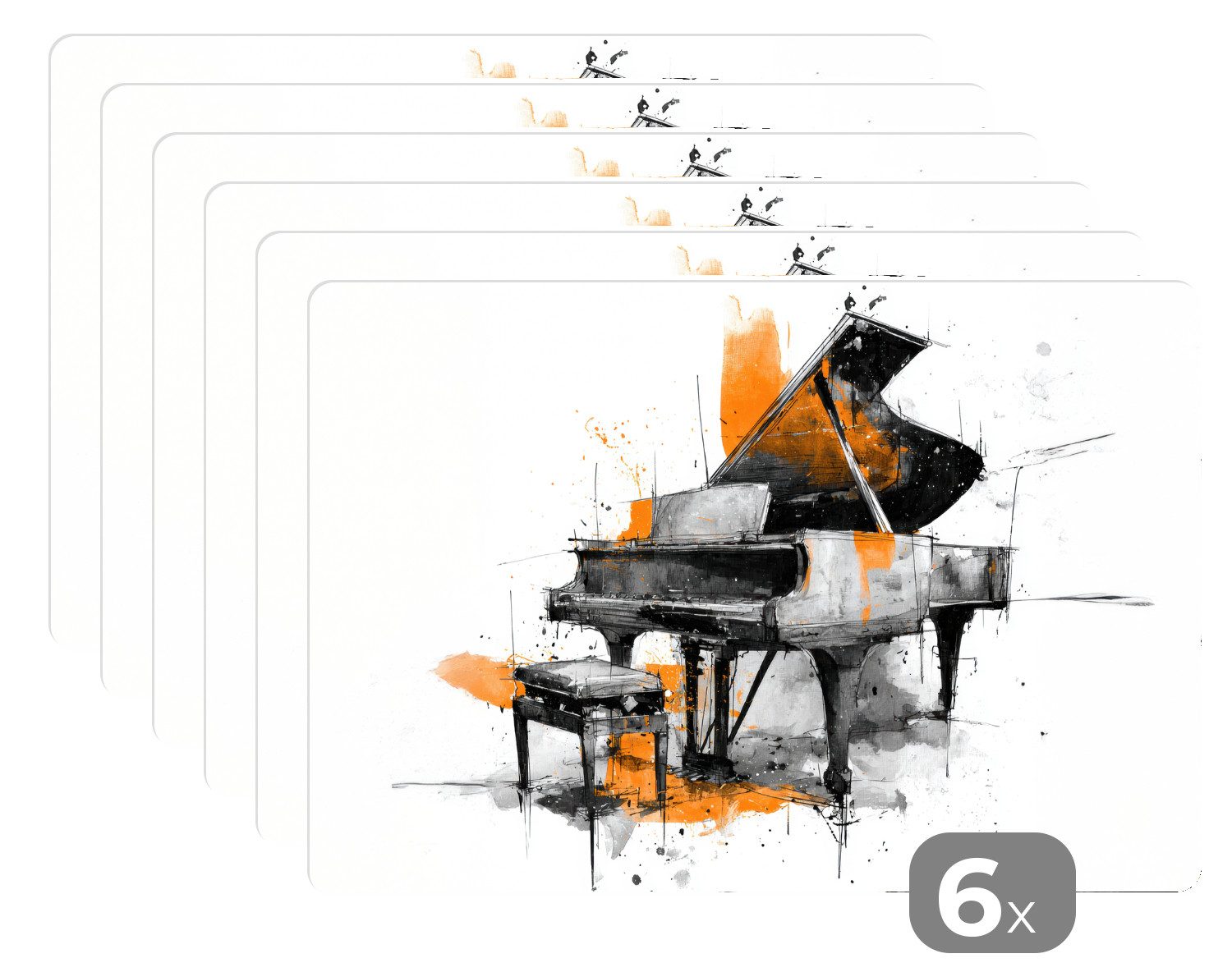 MuchoWow Platzset Klavier - Orange - Schwarz - Skizzenlinien, (6-St), Platzsets, Tischset, Abwaschbar, Tischsets, Platzdeckchen