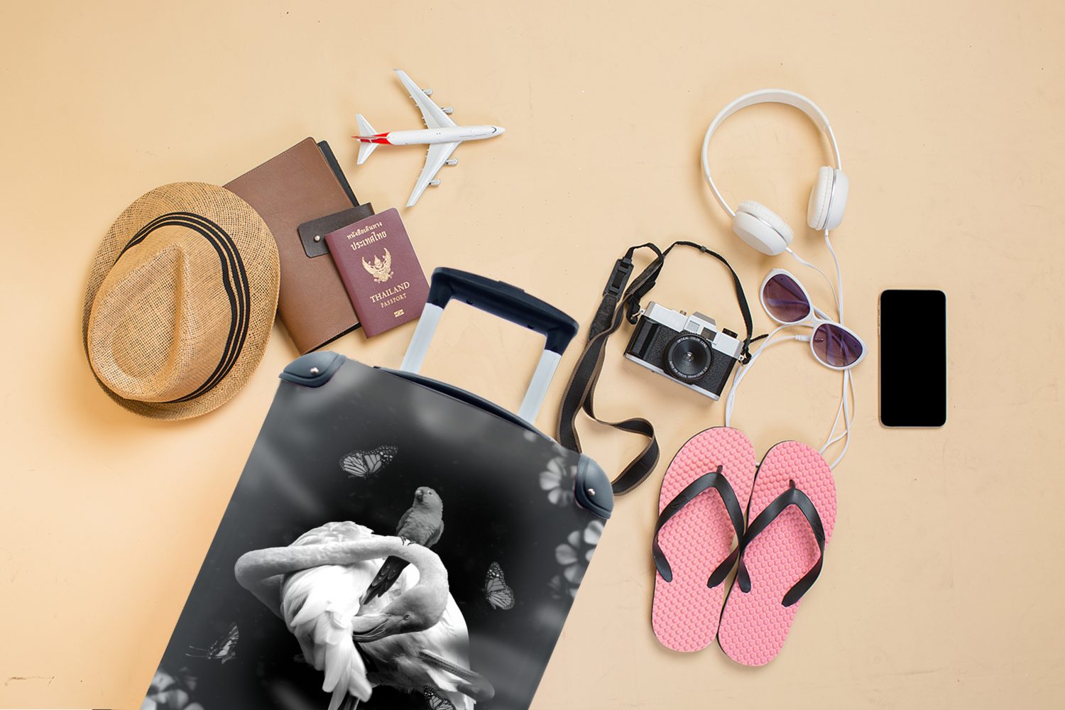 MuchoWow Handgepäckkoffer Flamingo und Trolley, für im 4 weiß, schwarz - Reisetasche Rollen, Handgepäck Reisekoffer mit rollen, Dschungel mit Ferien, Schmetterlingen
