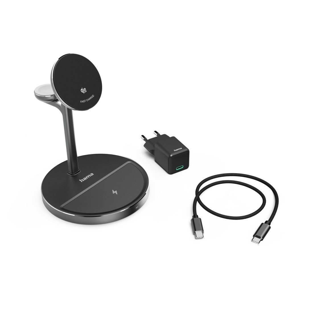 Hama Qi2-Ladestation mit 15 W und magnetischer Smartphone-Halterung Wireless Charger (Magnetische Ausrichtung, Standhalterung, Apple-Watch-Lademodul)