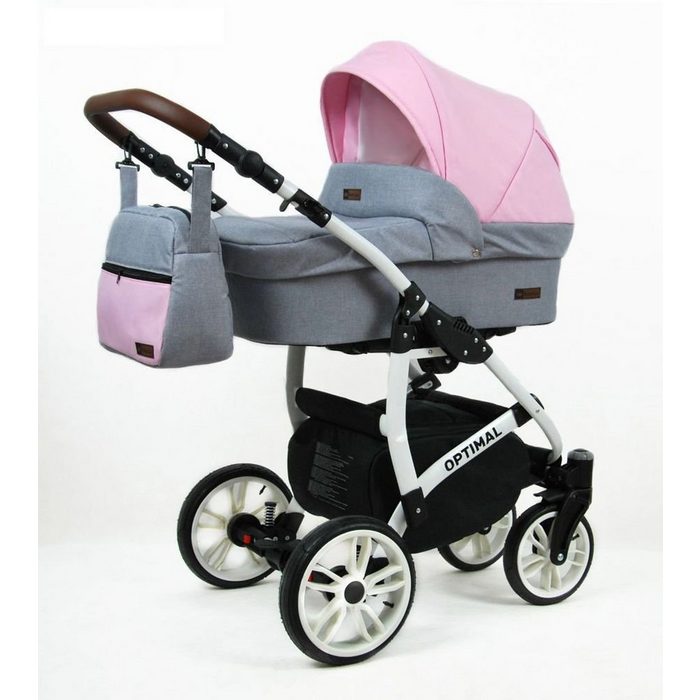 Raf-Pol Kombi-Kinderwagen Polbaby Kinderwagen Optimal 3in1 -Set Wanne Buggy Babyschale Autositz mit Zubehör Light Pink (3-tlg)