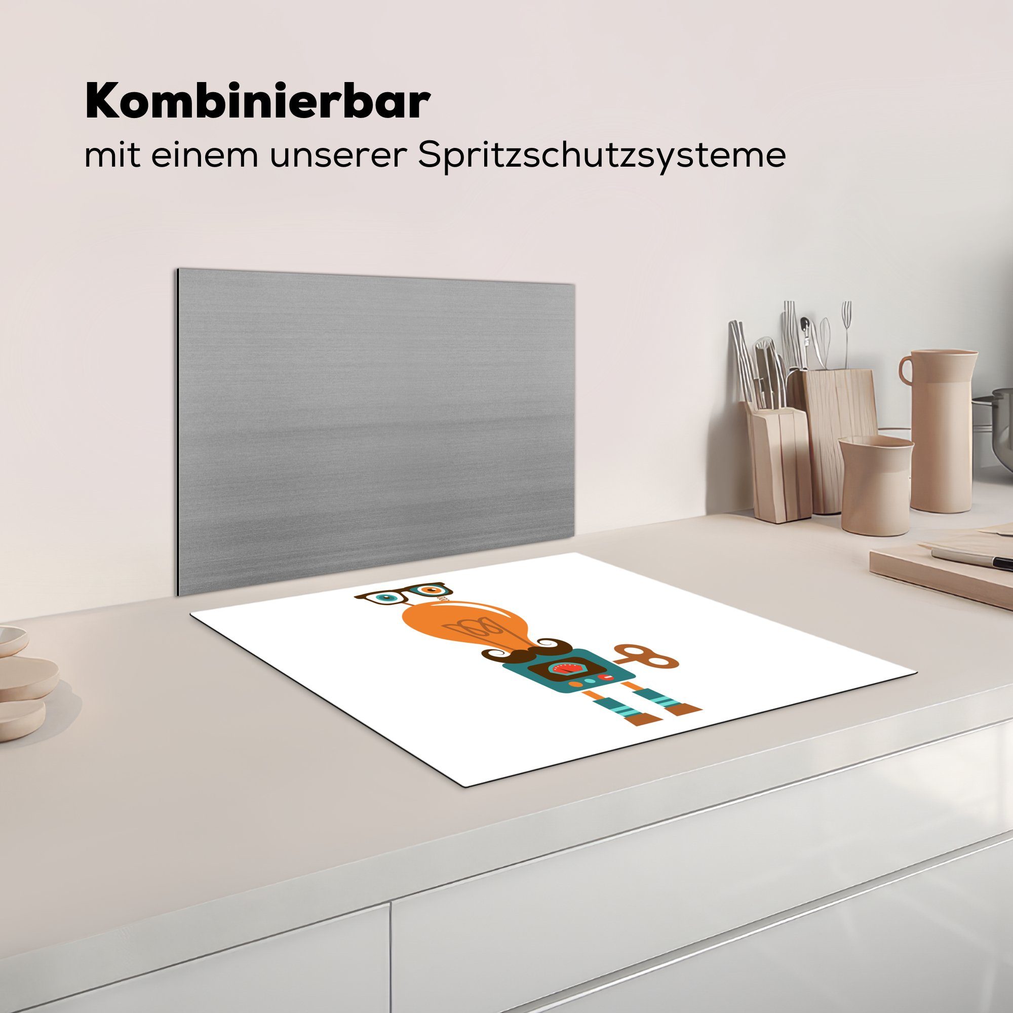 Roboter Ceranfeldabdeckung Schnauzbart - - Mobile Arbeitsfläche Jungen, nutzbar, Kinder cm, Herdblende-/Abdeckplatte (1 Brille tlg), - MuchoWow - 60x52 Vinyl,