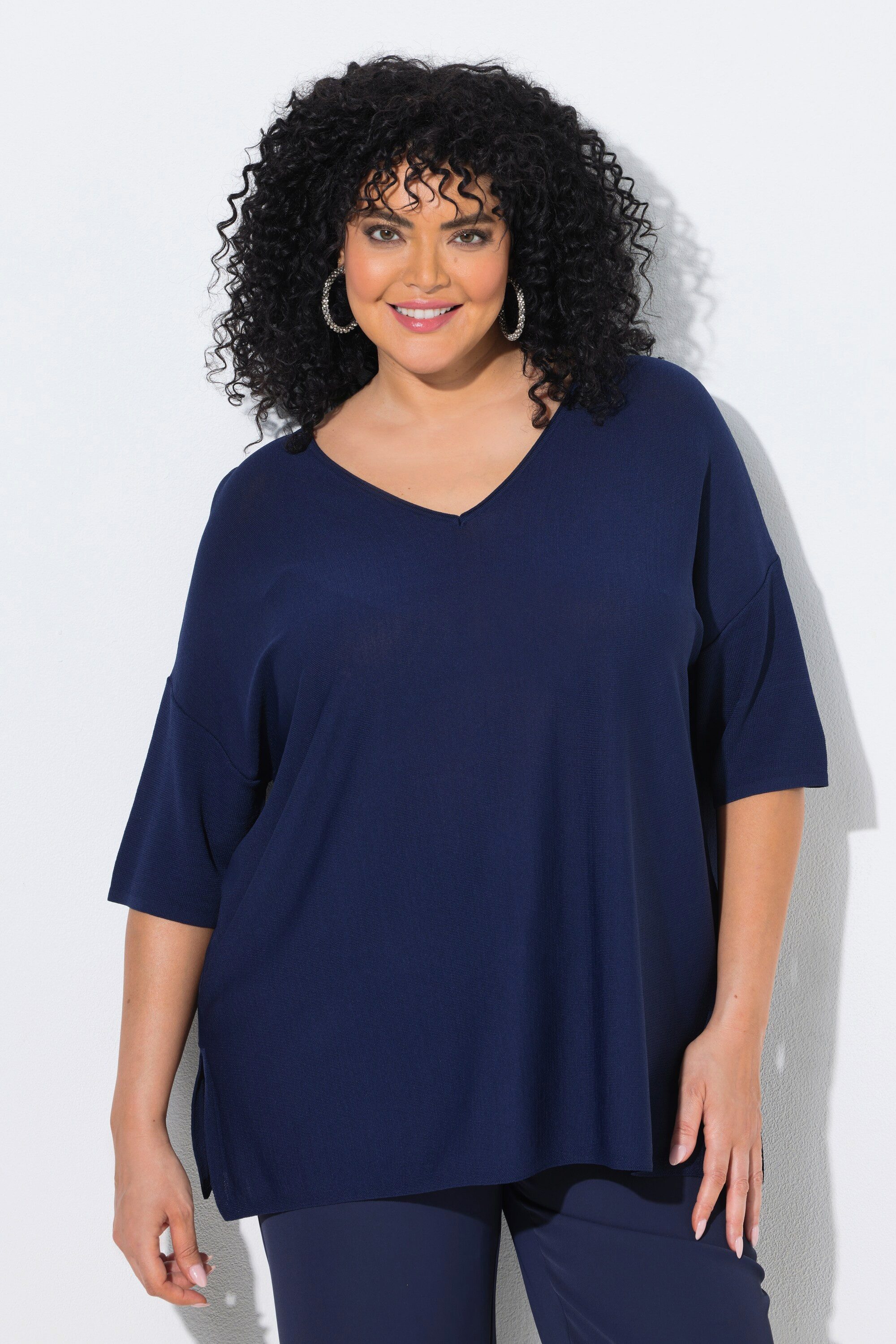 Ulla Popken Strickpullover Pullover Oversized V-Ausschnitt Halbarm günstig online kaufen