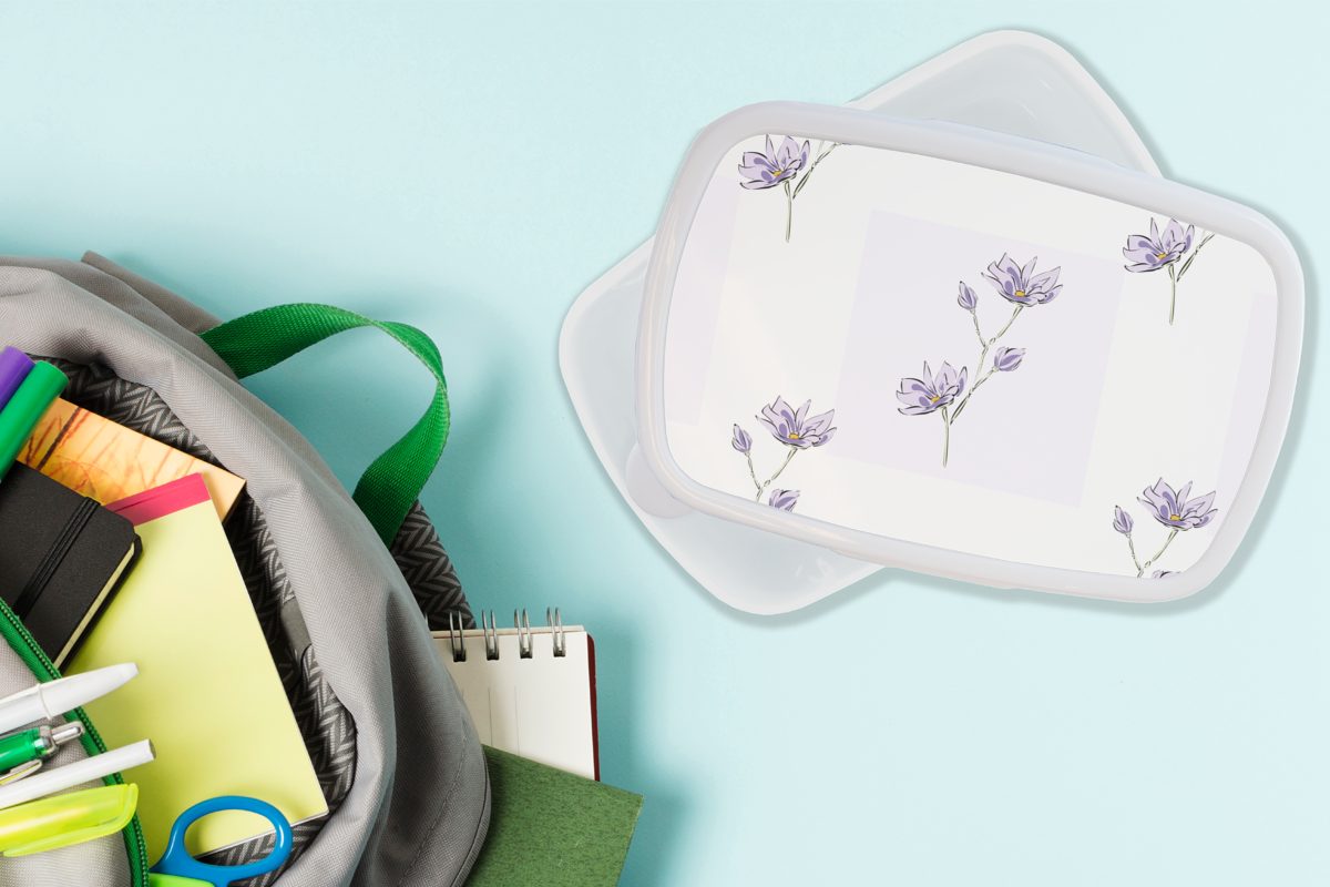 MuchoWow Lunchbox Blumen - weiß Kinder für Mädchen Brotbox und (2-tlg), Erwachsene, Kunststoff, Lila Brotdose, - Jungs für Muster, und