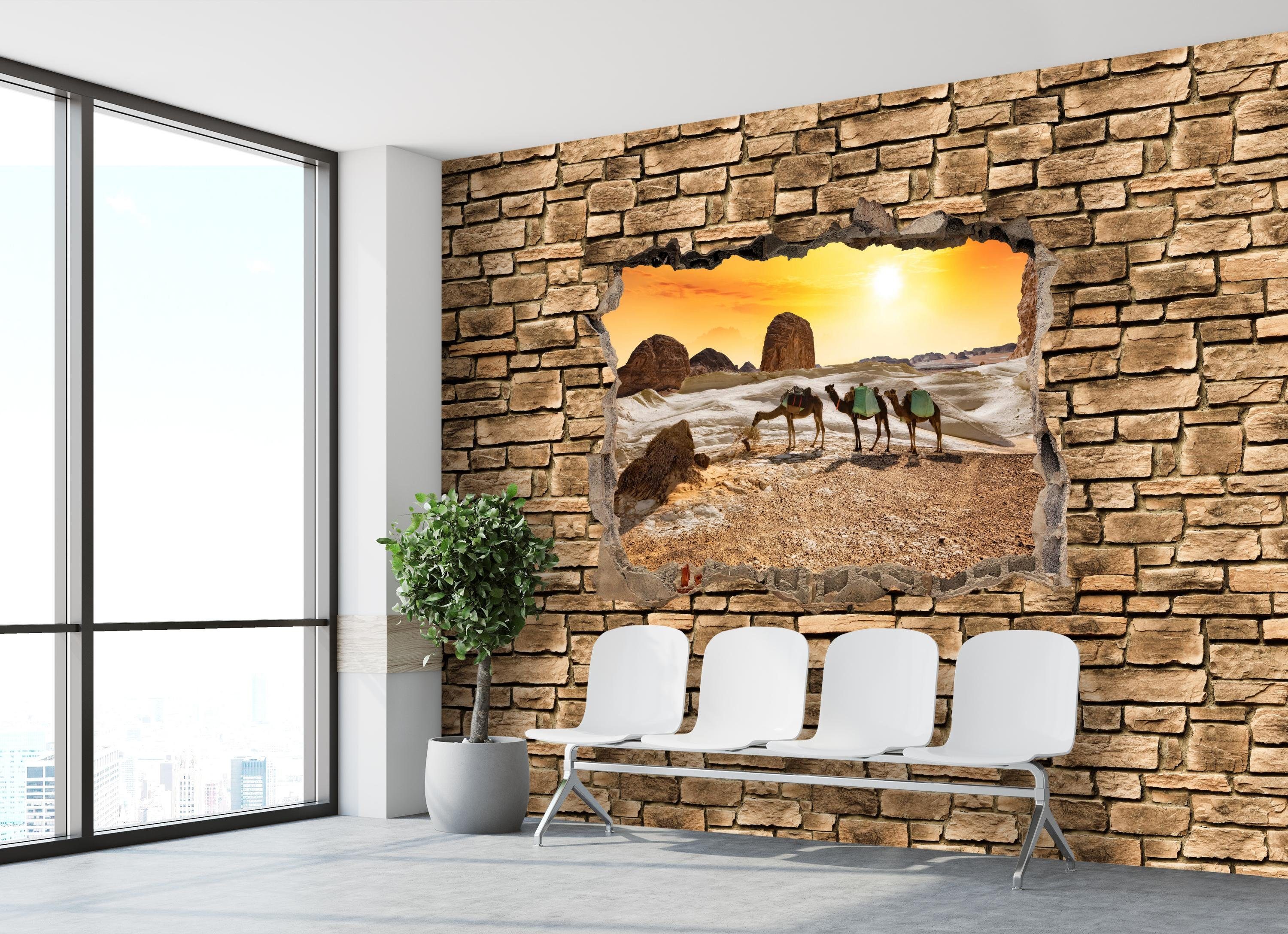 matt, wandmotiv24 3D glatt, Wüste Fototapete - Kamele Steinmauer, Vliestapete Wandtapete, der Motivtapete, in