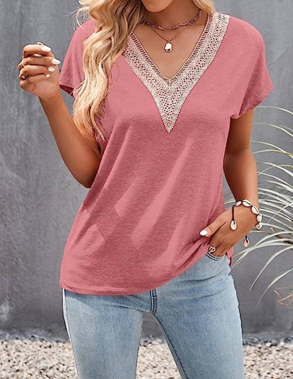 selected Rosa lockeres V-Shirt carefully V-Ausschnitt – mit Damen-Oberteil Sommer-T-Shirt