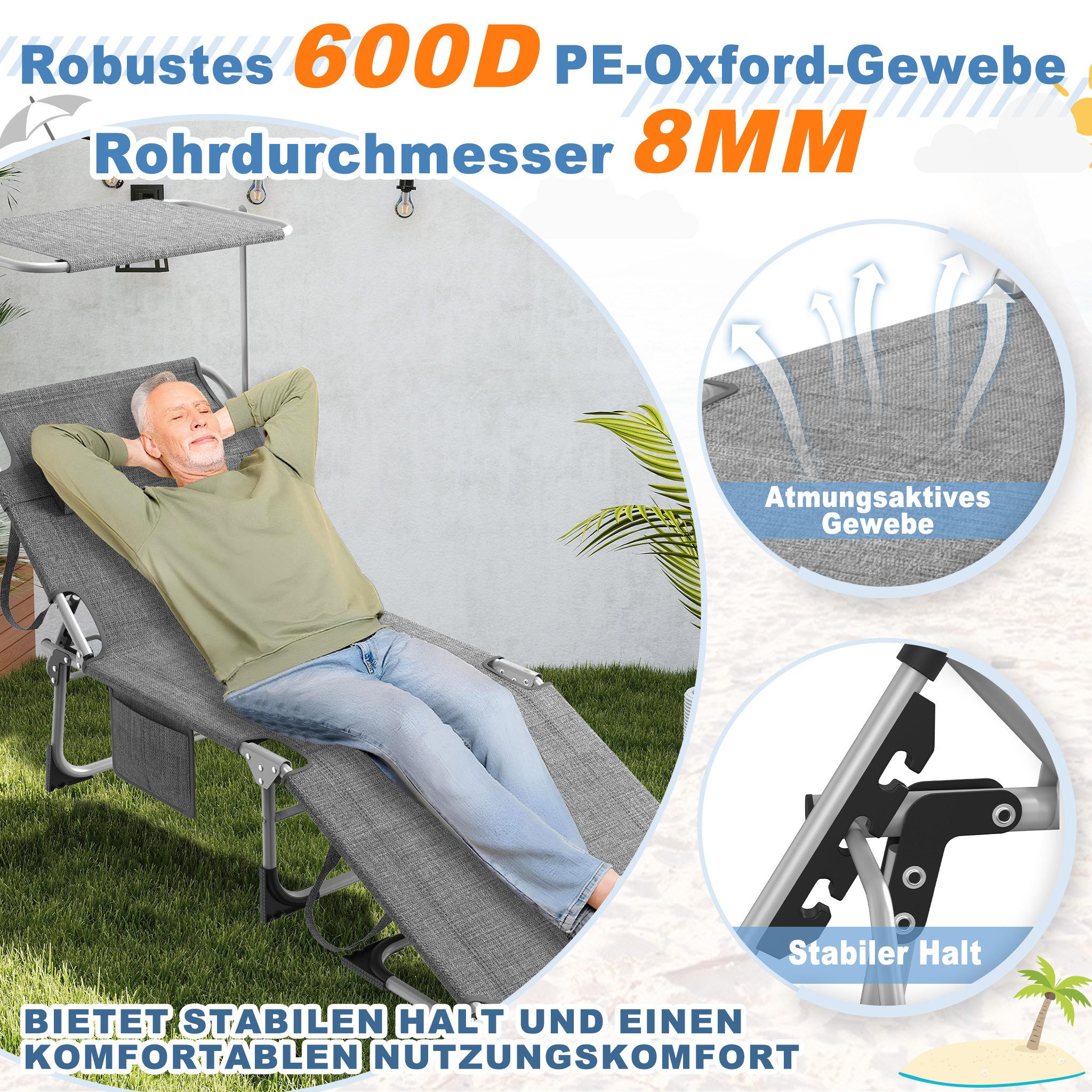 FIVMEN Gartenliege Sonnenliege Liegestuhl Garten Balkon Mit Sonnenschutz Klappbar Leicht, 2 St., Terrassen Liege Mit Dach Kopfkissen Tragegriffe Seitentasche