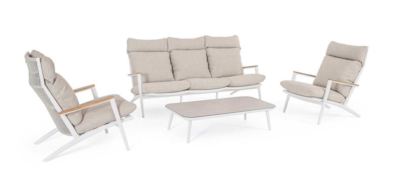 Bizzotto Gartenlounge-Set Hibiskus 4er Gruppe, Weiß, 2x Sessel, 1x Sofa, 1x Couchtisch
